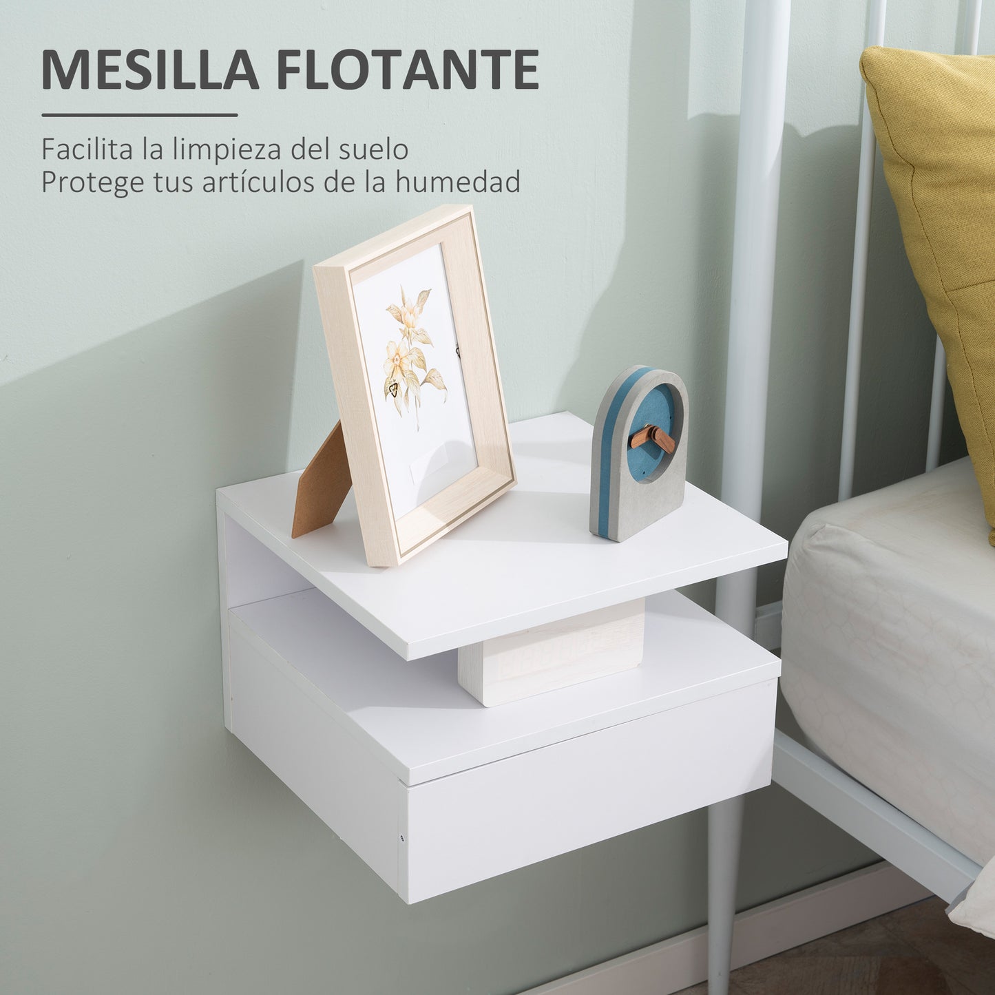 HOMCOM Set de 2 Mesitas de Noche Flotantes con 1 Cajón y Estante Abierto Diseño Moderno Montado en la Pared 35x32x22,5 cm Blanco