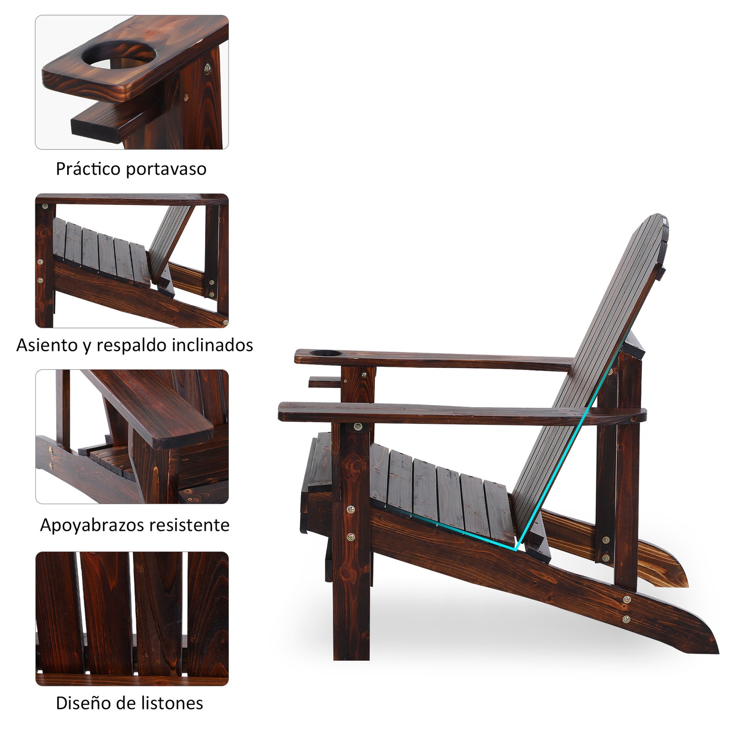 Outsunny Silla Adirondack de Madera Silla de Jardín con Reposabrazos y Respaldo Alto para Terraza Balcón Exterior 72,5x97x93 cm Marrón