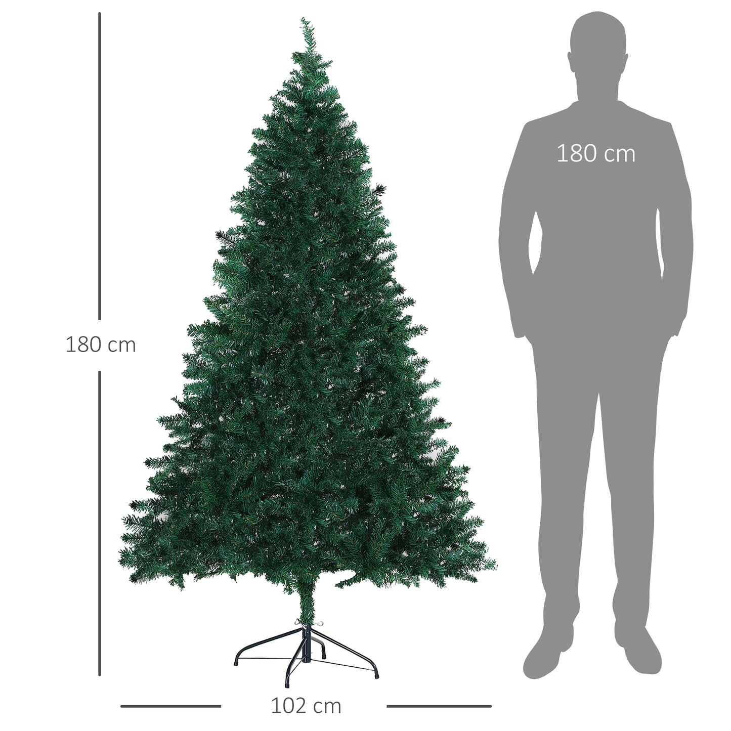 HOMCOM Árbol de Navidad 180cm Artificial Árbol de Pino Decoración Navideña con Soporte Metálico 1000 Ramas Verde PVC