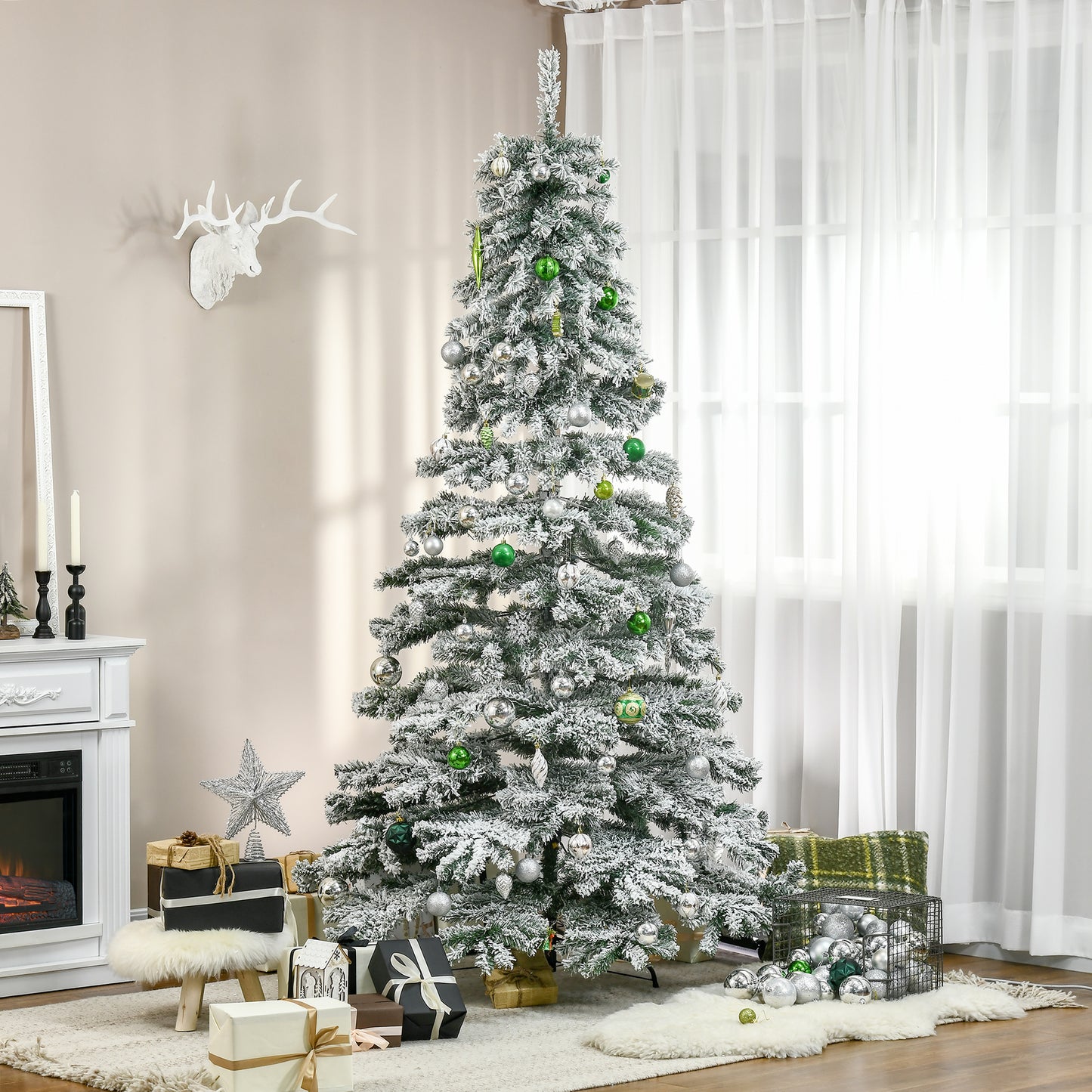 HOMCOM Árbol de Navidad 225 cm Árbol de Navidad Artificial Nevado con 1083 Ramas y Soporte de Metal Árbol de Navideño para Salón Verde y Blanco