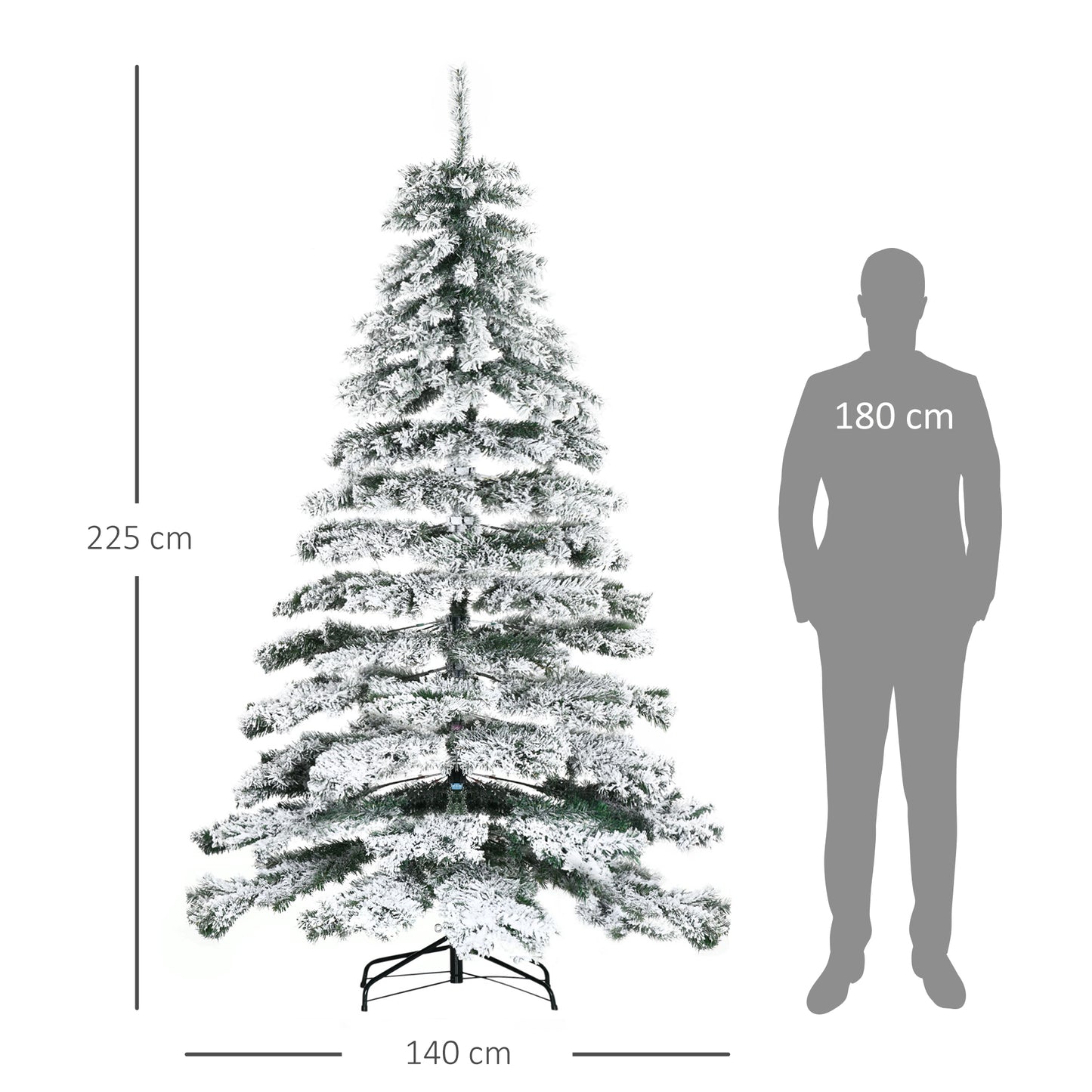 HOMCOM Árbol de Navidad 225 cm Árbol de Navidad Artificial Nevado con 1083 Ramas y Soporte de Metal Árbol de Navideño para Salón Verde y Blanco