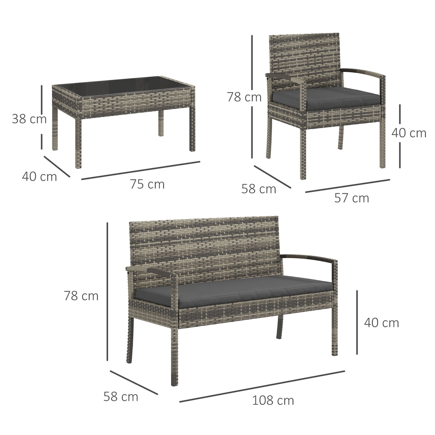 Outsunny Conjunto de Jardín de Ratán Sintético Juego de 4 Piezas Muebles de Jardín con 2 Sillones 1 Sofá de 2 Plazas y 1 Mesa de Centro de Tablero de Vidrio Anti-UV para Patio Gris