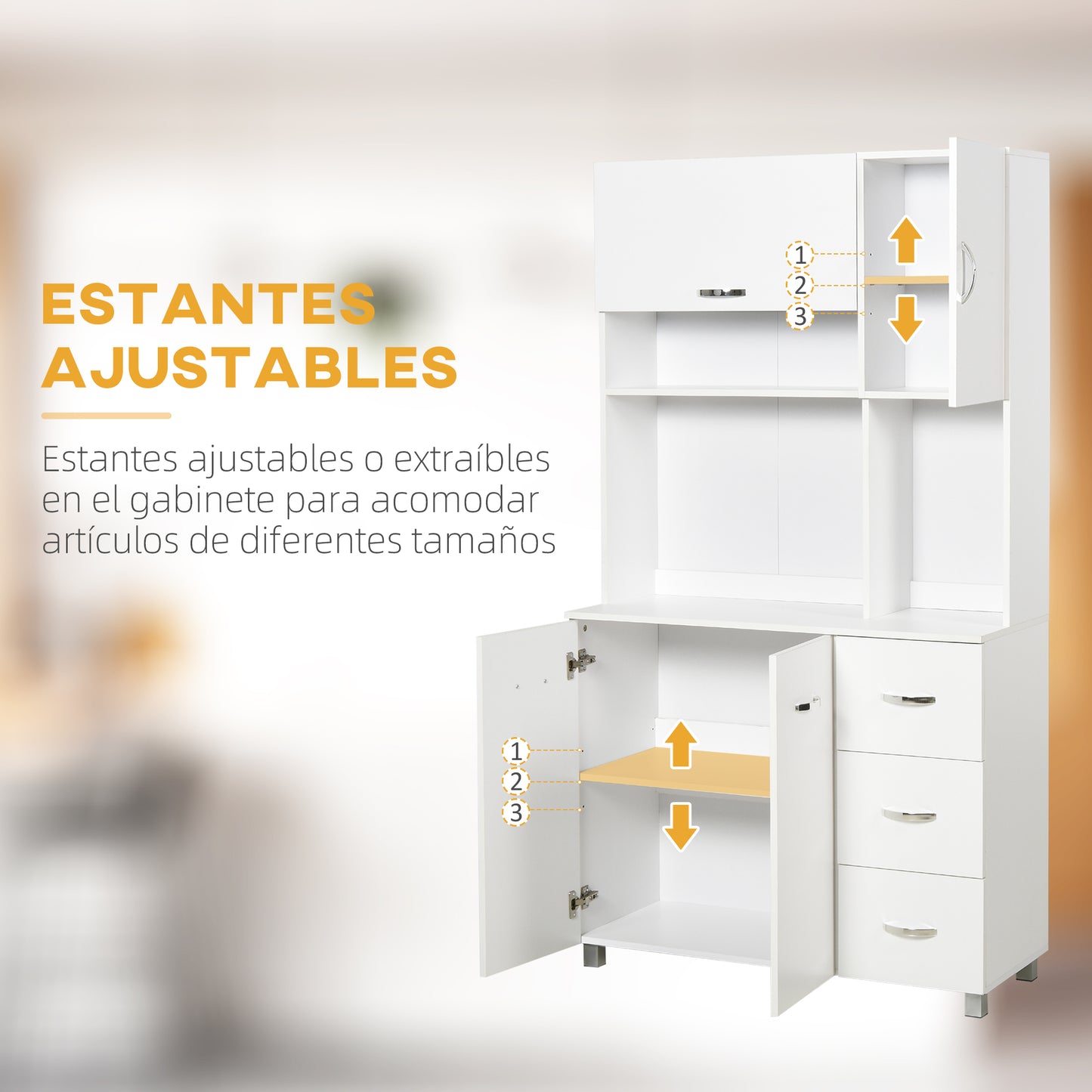 HOMCOM Alacena de Cocina Armario de Cocina Moderno Mueble Auxiliar de Comedor con 3 Cajones 4 Puertas y Estantes Ajustables para Salón 100x39,5x183,5 cm Blanco