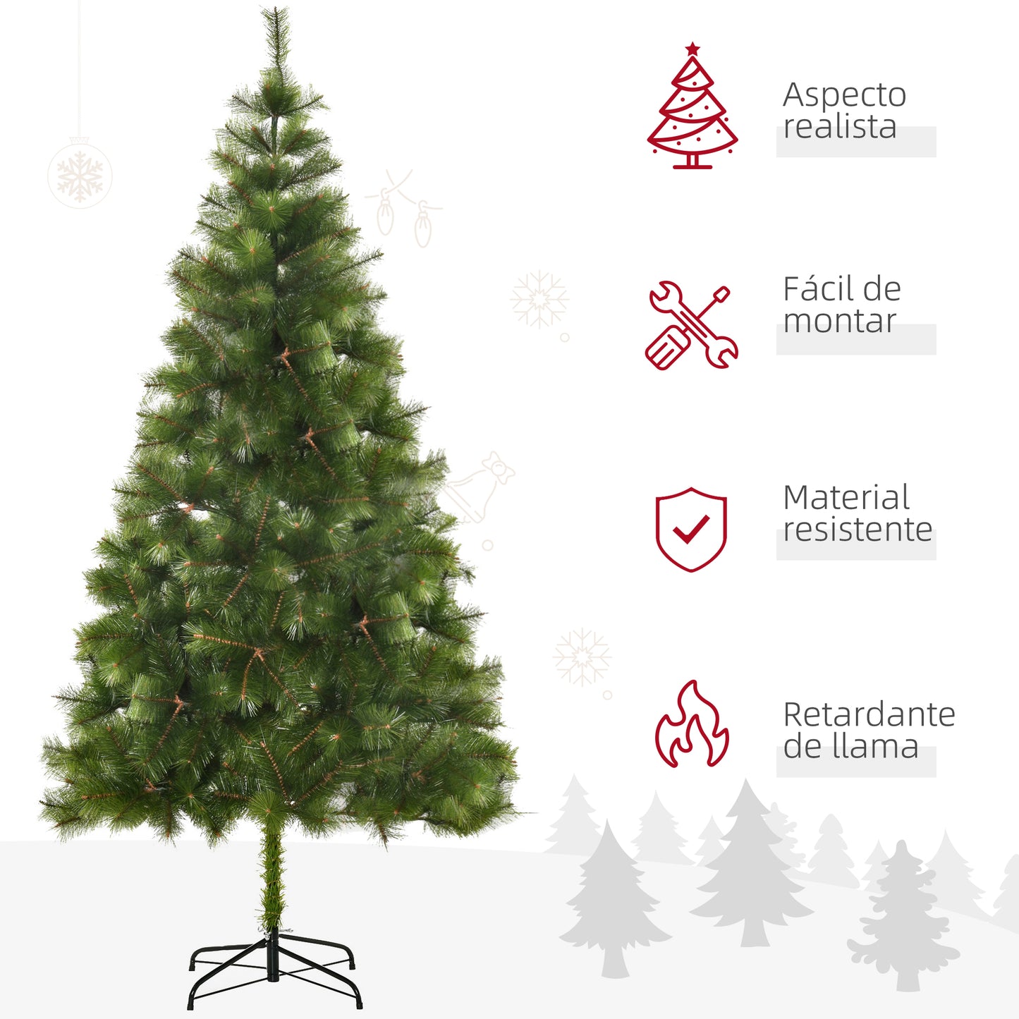 HOMCOM Árbol de Navidad 210cm Artificial Árbol de Pino Decoración Navideña con Soporte Metálico 505 Ramas Verde PET