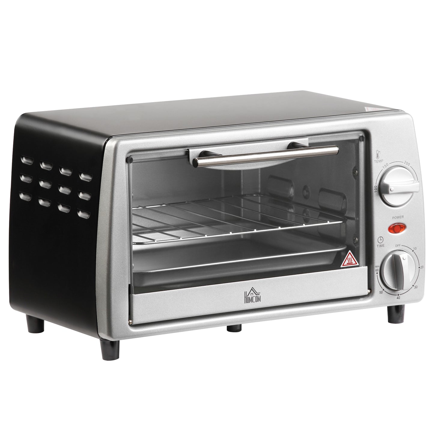 HOMCOM Horno Eléctrico Sobremesa 10 Litros 750W Horno Eléctrico Pequeño con Temperatura hasta 230 ℃ Temporizador 60 Minutos Bandeja y Rejilla 36,5x26x22 cm Plata