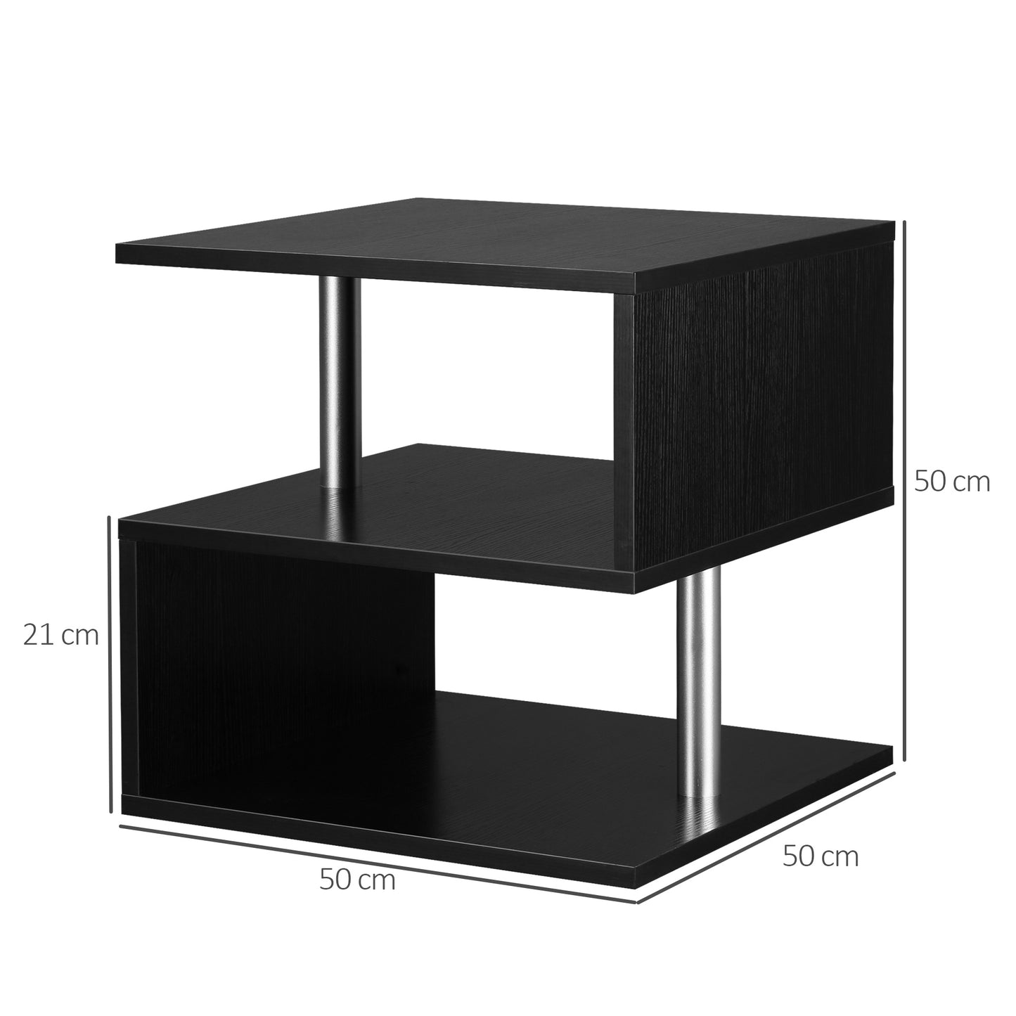 HOMCOM Mesita Auxiliar Mesa Auxiliar Pequeña Mesa para Sofá de Forma S con Compartimento Abierto Diseño Moderno 50x50x50 cm Negro