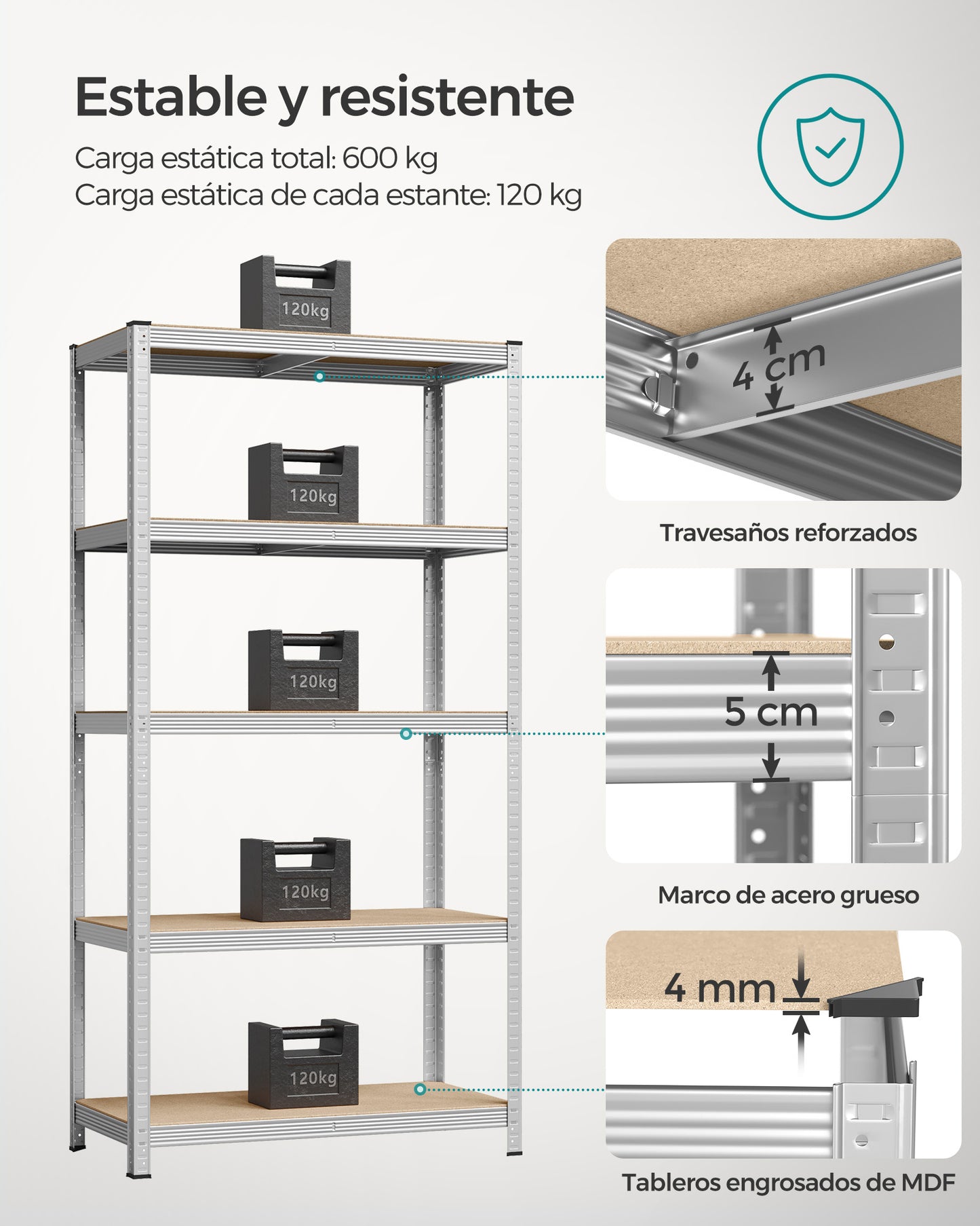 Estantería Pesada de 5 Niveles Estantería de Acero Carga de 600 kg Plata-SONGMICS