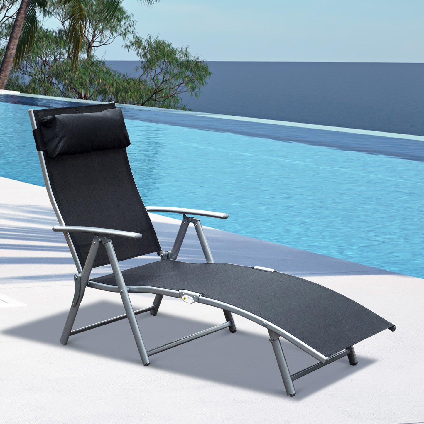 Outsunny Tumbona Plegable Tumbona de Jardín con Respaldo Ajustable en 7 Niveles Almohada y Reposabrazos Carga 165 kg para Piscina Terraza Camping 137x63,5x100,5 cm Negro