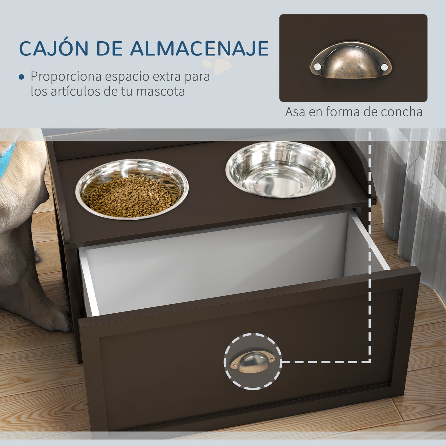 PawHut Comedero Elevado para Perros Grandes Cuencos para Perros con 2 Tazones 2000ml de Acero Inoxidable y Cajón Oculto Soporte de Madera para Mascotas 60x30x36 cm Marrón