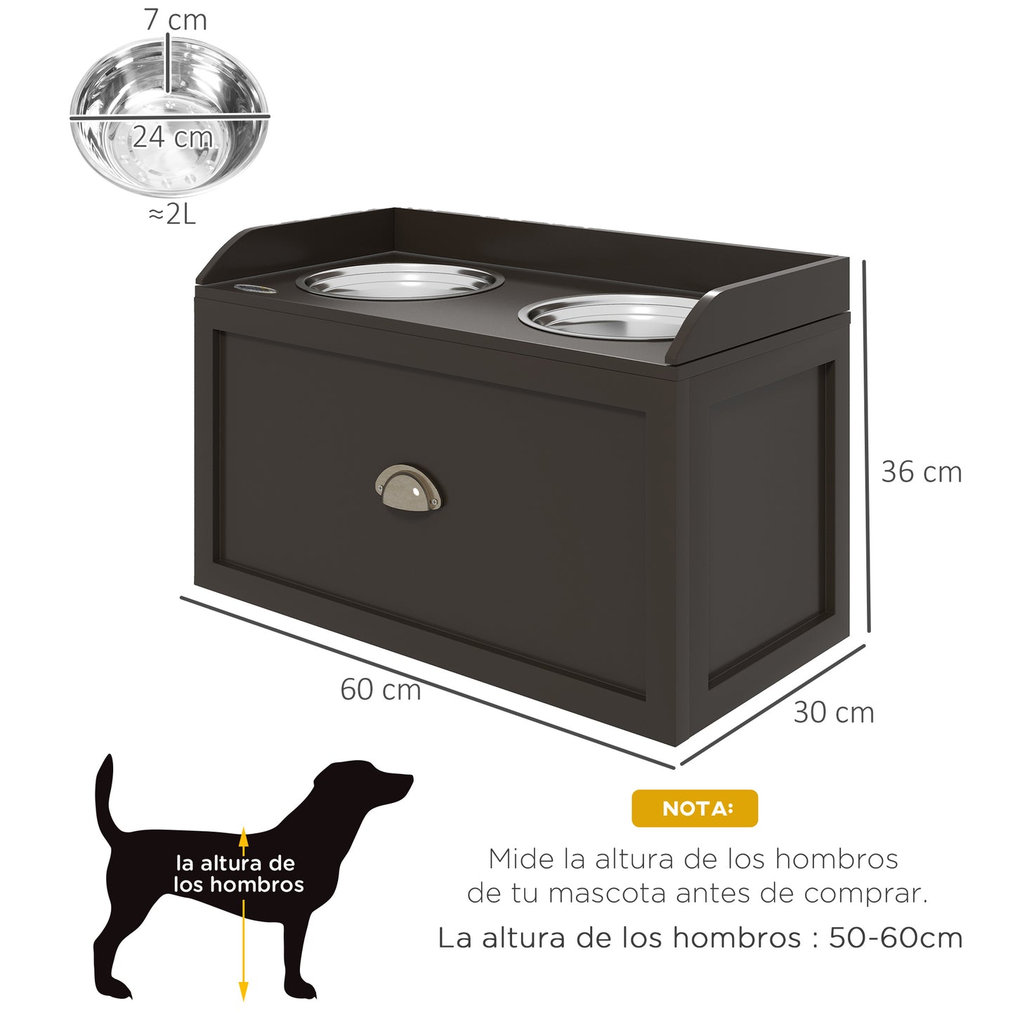 PawHut Comedero Elevado para Perros Grandes Cuencos para Perros con 2 Tazones 2000ml de Acero Inoxidable y Cajón Oculto Soporte de Madera para Mascotas 60x30x36 cm Marrón