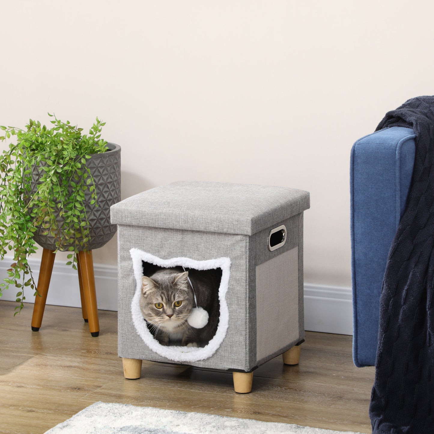 PawHut Cama Cueva de Gatos 2 en 1 Casa para Gatos Interior Tipo Reposapiés con Cojín Extraíble Bola Colgante y Almohadilla para Rascar 35,5x35,5x42,5 cm Gris