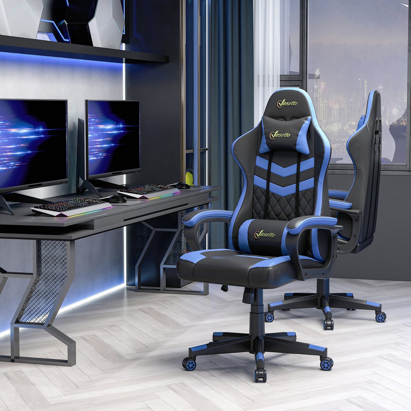 Vinsetto Silla Gaming Silla Gamer Basculante con Altura Ajustable Giratoria Reposacabezas y Lumbar Desmontable Silla de Oficina Estudio Azul