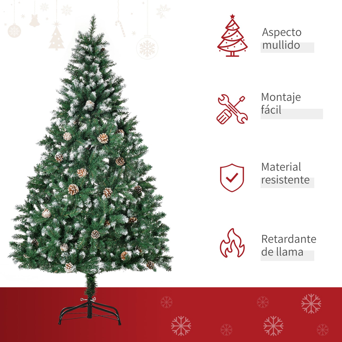 HOMCOM Árbol de Navidad Artificial Ø90x180 cm con 1111 Puntas de PVC y 59 Piñas con Ramas Apertura Automática Base Plegable y Soporte de Acero para Interiores Verde