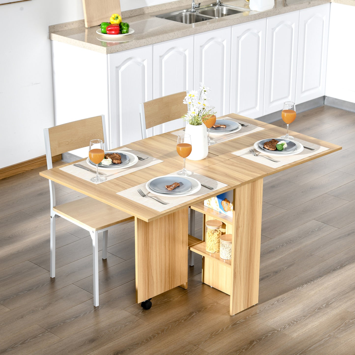 HOMCOM Mesa de Comedor Plegable Mesa de Madera con 2 Solapas 2 Estantes de Almacenaje y Ruedas para Cocina 140x80x74cm cm Madera