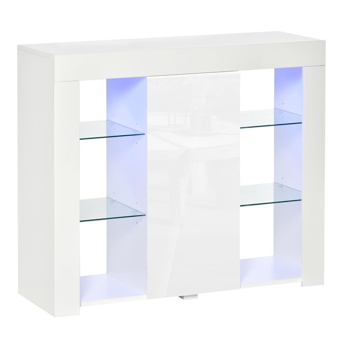 HOMCOM Aparador Moderno con Luces LED Mueble Buffet con 1 Puerta de Alto Brillo Cierre a Presión Estantes Ajustables y Control Remoto 97x35x83 cm Blanco