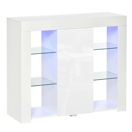 HOMCOM Aparador Moderno con Luces LED Mueble Buffet con 1 Puerta de Alto Brillo Cierre a Presión Estantes Ajustables y Control Remoto 97x35x83 cm Blanco