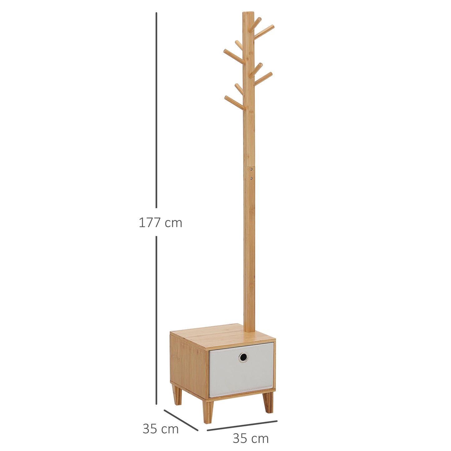 HOMCOM Perchero de Pie de Bambú Perchero con Banco Tipo de Árbol Cajón de Tela y 8 Ganchos para Colgar Ropa Bolsas Bombreros para Entrada Salón Pasillo 35x35x177 cm Natural