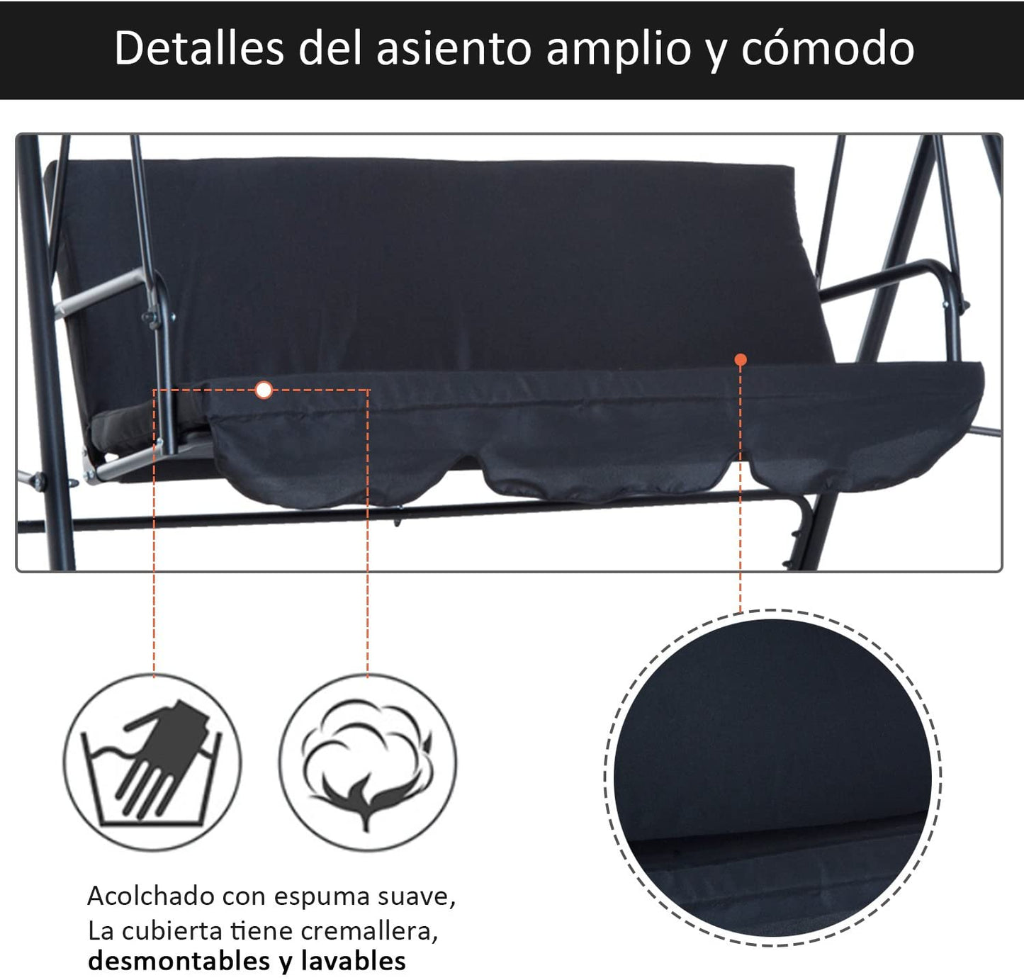 Outsunny Columpio de Jardín de 3 Plazas Silla Balancín con Parasol Techo Ajustable en Ángulo Impermeable para Exterior Terraza Balcón Carga Máx. 200 kg Acero 172x110x153 cm Negro