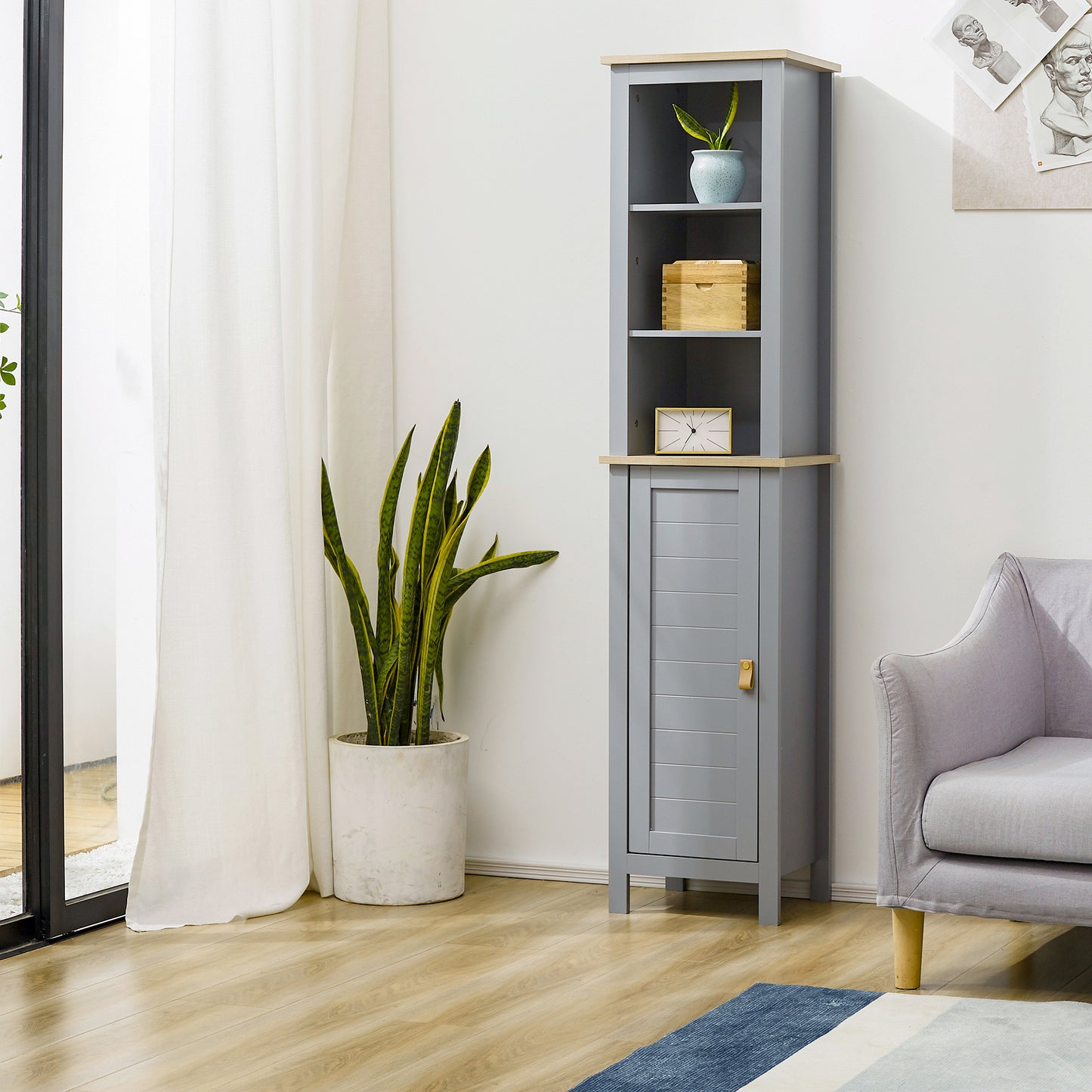 kleankin Armario Alto de Baño Moderno Mueble Columna de Baño con 1 Puerta Estante Ajustable y 3 Compartimentos Abiertos 39x30x168 cm Gris