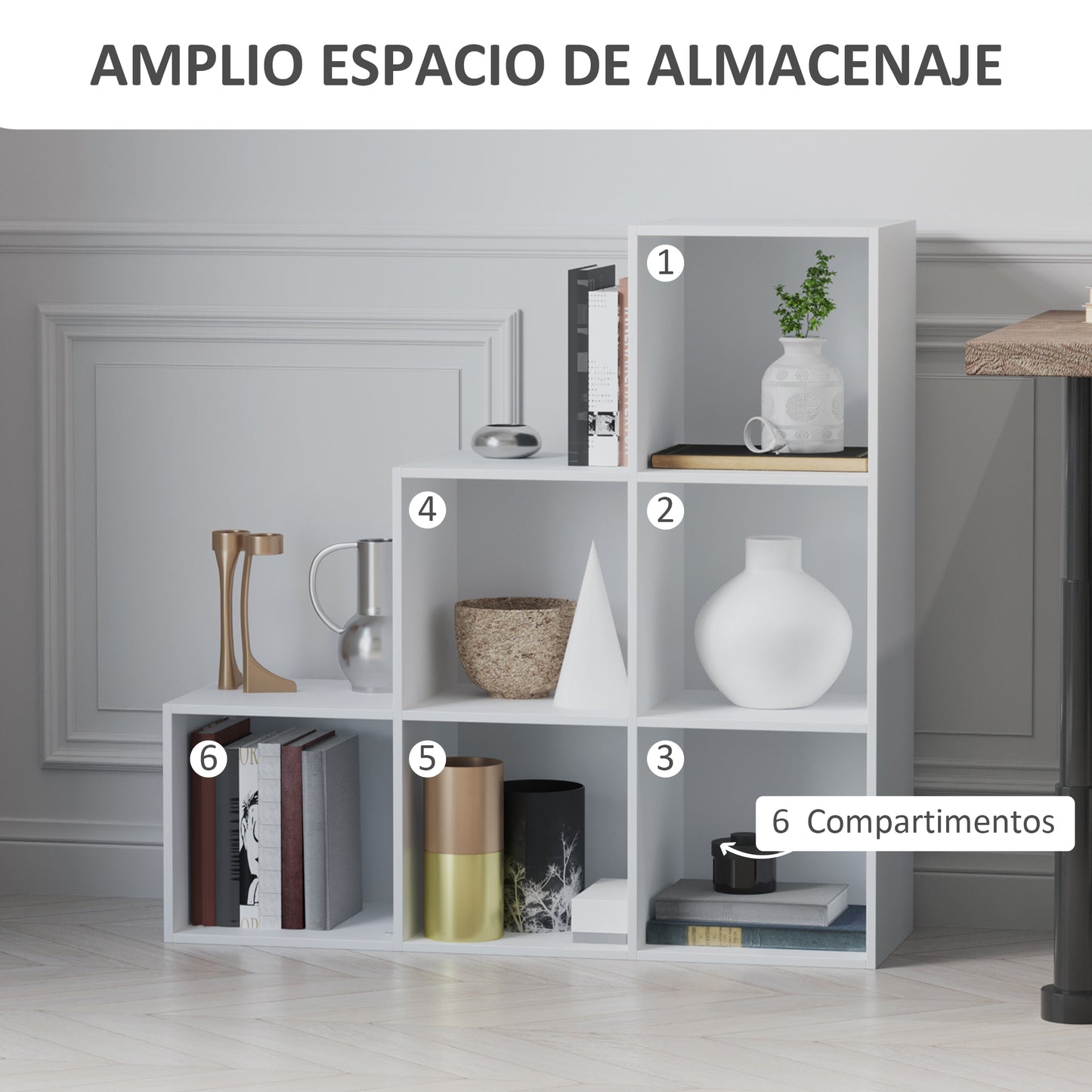 HOMCOM Estantería en Forma de Escalera Armario de Almacenamiento 6 Cubos Estantería de Pie Estante de Exposición 91.5x29.5x91.5cm Madera