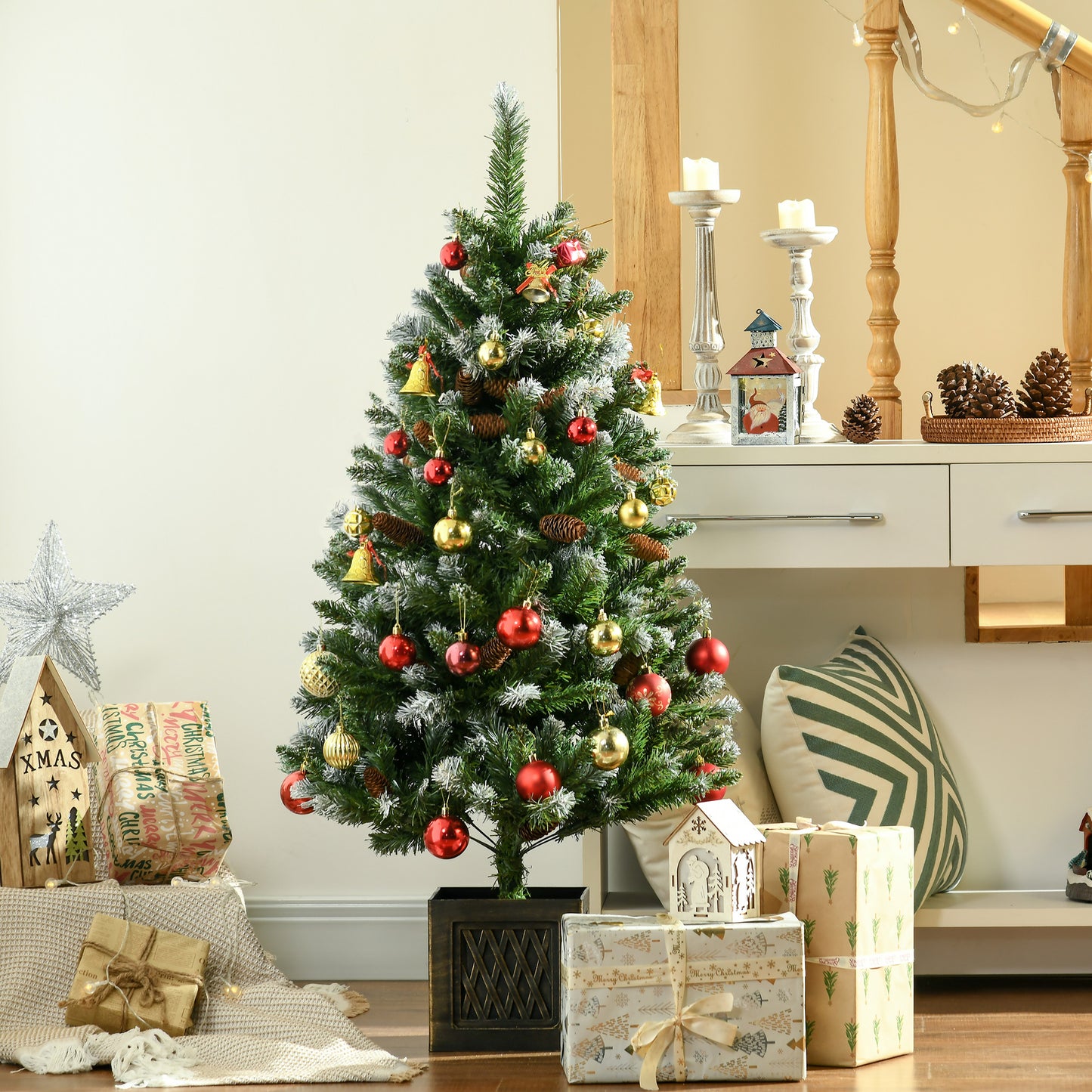 HOMCOM Árbol de Navidad Artificial con Maceta 120 cm Árbol de Navidad Nevado con 328 Ramas 20 Piñas y Soporte Metálico Decoración Navideña para Interiores Verde