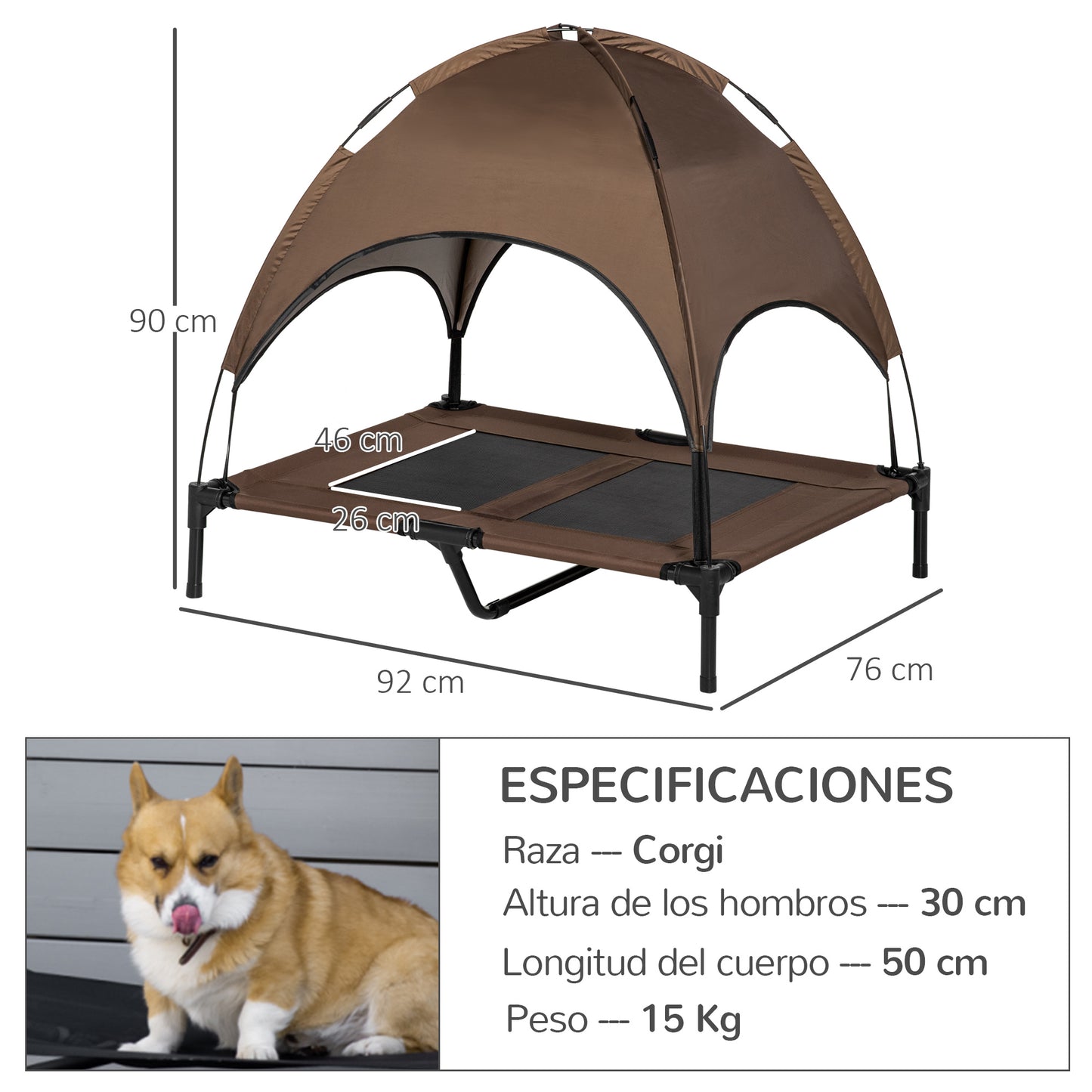 PawHut Cama Elevada para Mascotas Portátil con Toldo Extraíble Tela Transpirable al Aire Libre para Interior y Exterior 92x76x90 cm Café