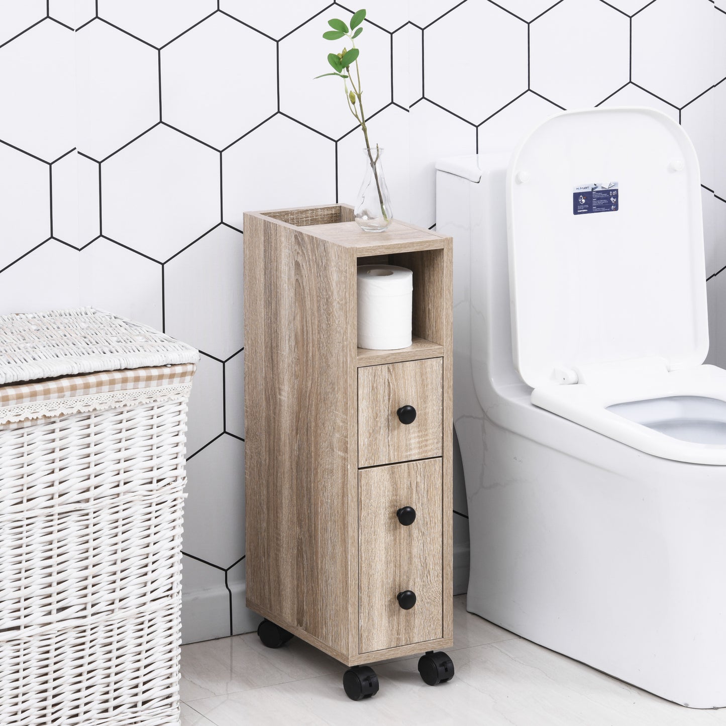 kleankin Armario de Baño con Ruedas Mueble Auxiliar para Baño con Estante Abierto Puerta y Cajón Espacio Reducido 18x30x68,5 cm Roble