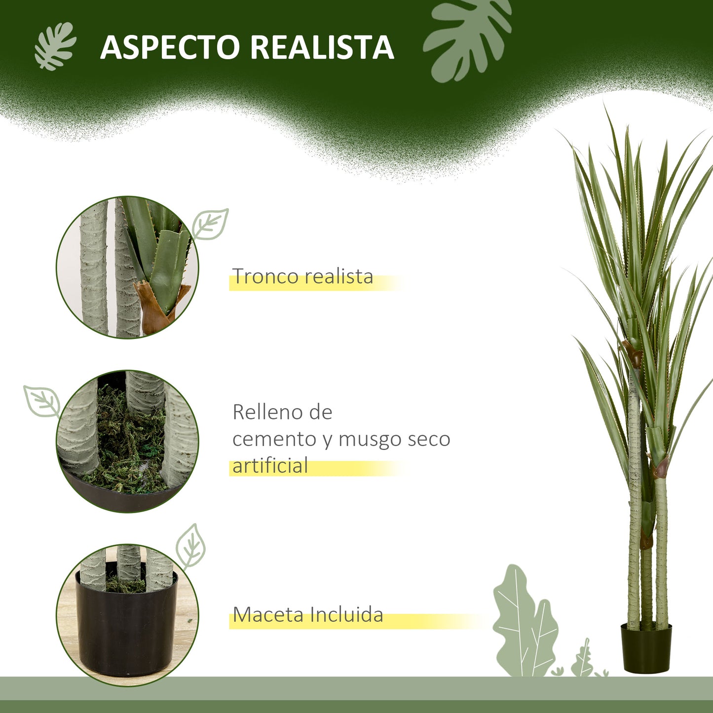 HOMCOM Planta Artificial de Yuca en Maceta 190 cm Planta Falsa con 39 Hojas Realistas para Decoración en Hogar Salón Oficina Jardín Ø17x190 cm Verde