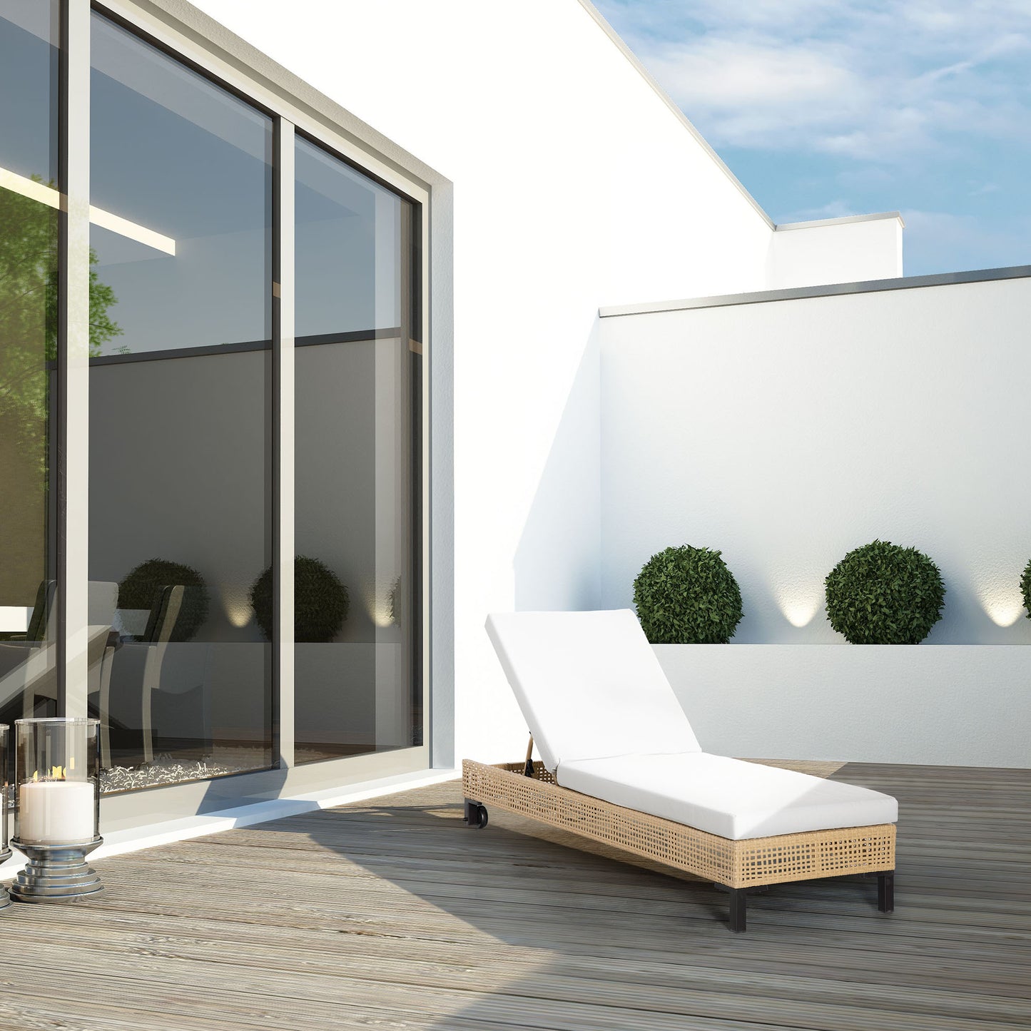 Outsunny Tumbona de Ratán Sintético Chaise Longue con Respaldo Ajustable en 5 Posiciones Cojín Acolchado y 2 Ruedas para Jardín Terraza Acero 200x65x31 cm Natural y Beige