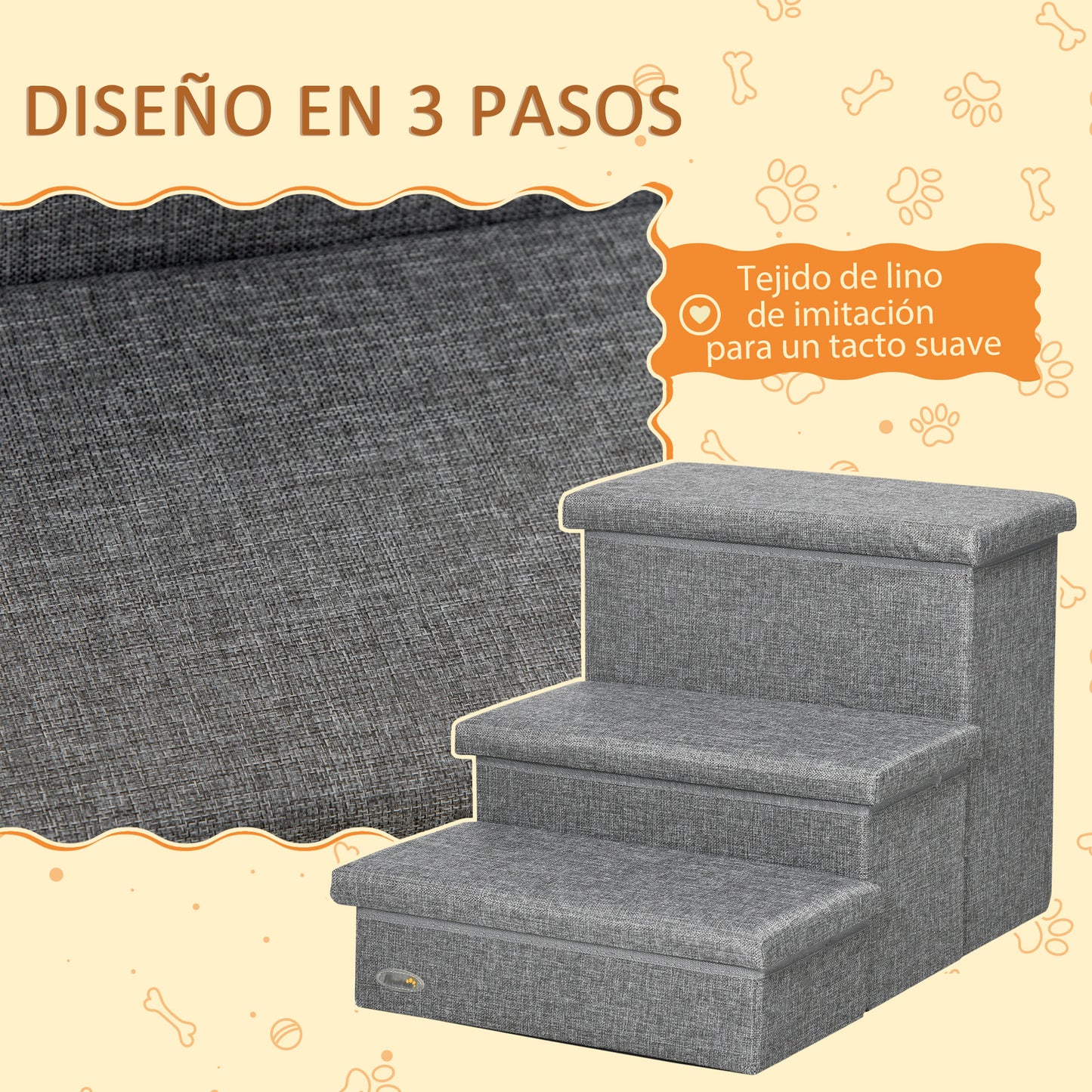 PawHut Escalera para Mascotas de 3 Peldaños Escalones para Perros Gatos con Tapas Abribles y Espacio de Almacenamiento 63,5x42,5x40,5 cm Gris