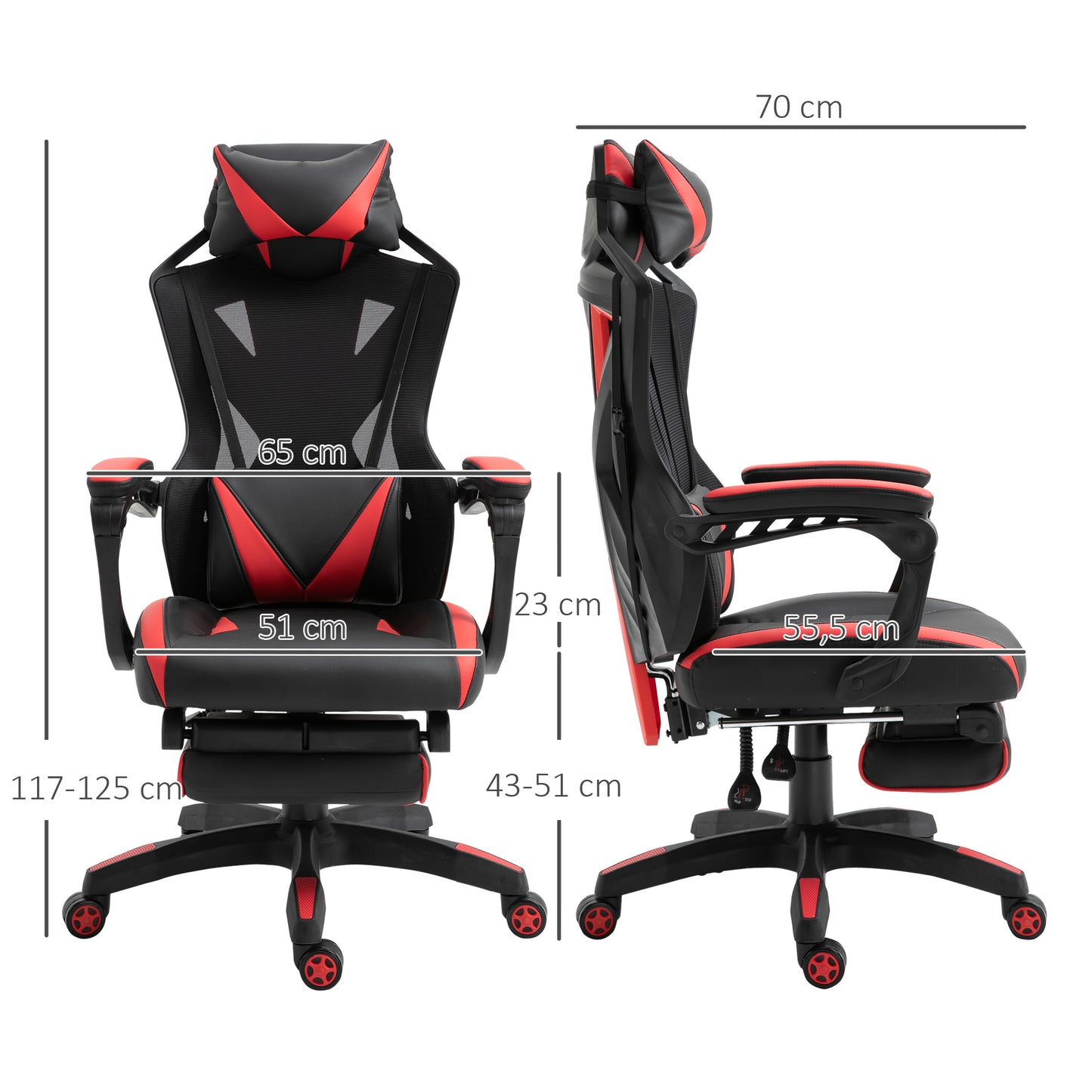 Vinsetto Silla Gaming Ergonómica Silla de Escritorio para Oficina con Altura Ajustable Respaldo Regulable de 170° Almohada Lumbar y Reposapiés Retráctil 65x70x117-125 cm Rojo