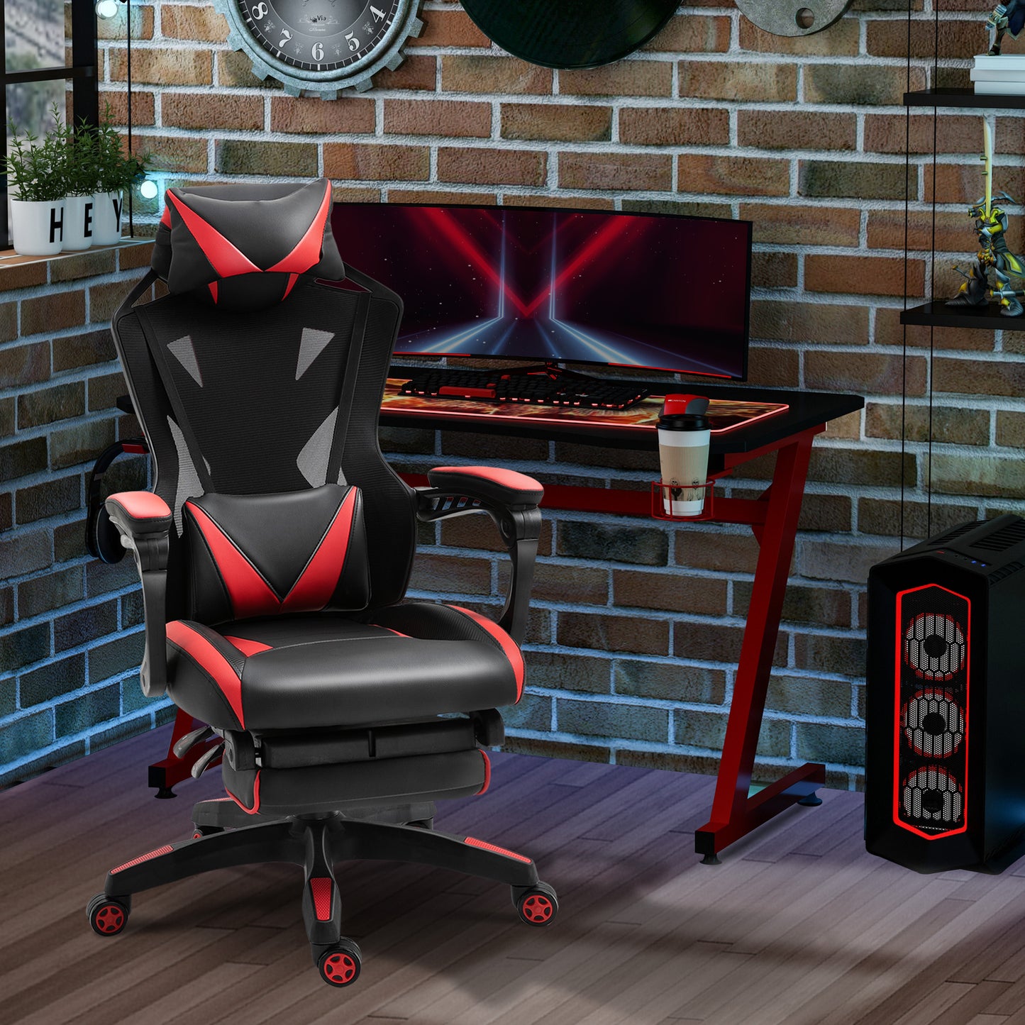 Vinsetto Silla Gaming Ergonómica Silla de Escritorio para Oficina con Altura Ajustable Respaldo Regulable de 170° Almohada Lumbar y Reposapiés Retráctil 65x70x117-125 cm Rojo