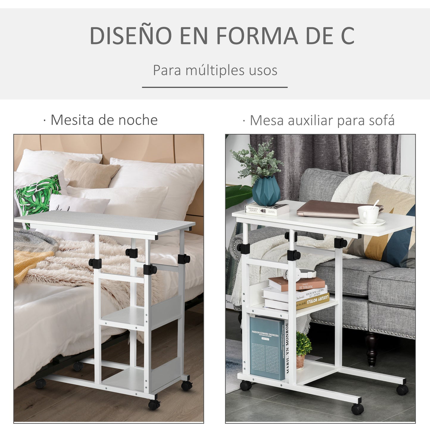 HOMCOM Mesa Auxiliar con Ruedas 80x40 cm Mesa para Sofá en Forma de C con Altura Ajustable 3 Niveles de 72-82 cm Marco de Metal para Salón Cocina Blanco