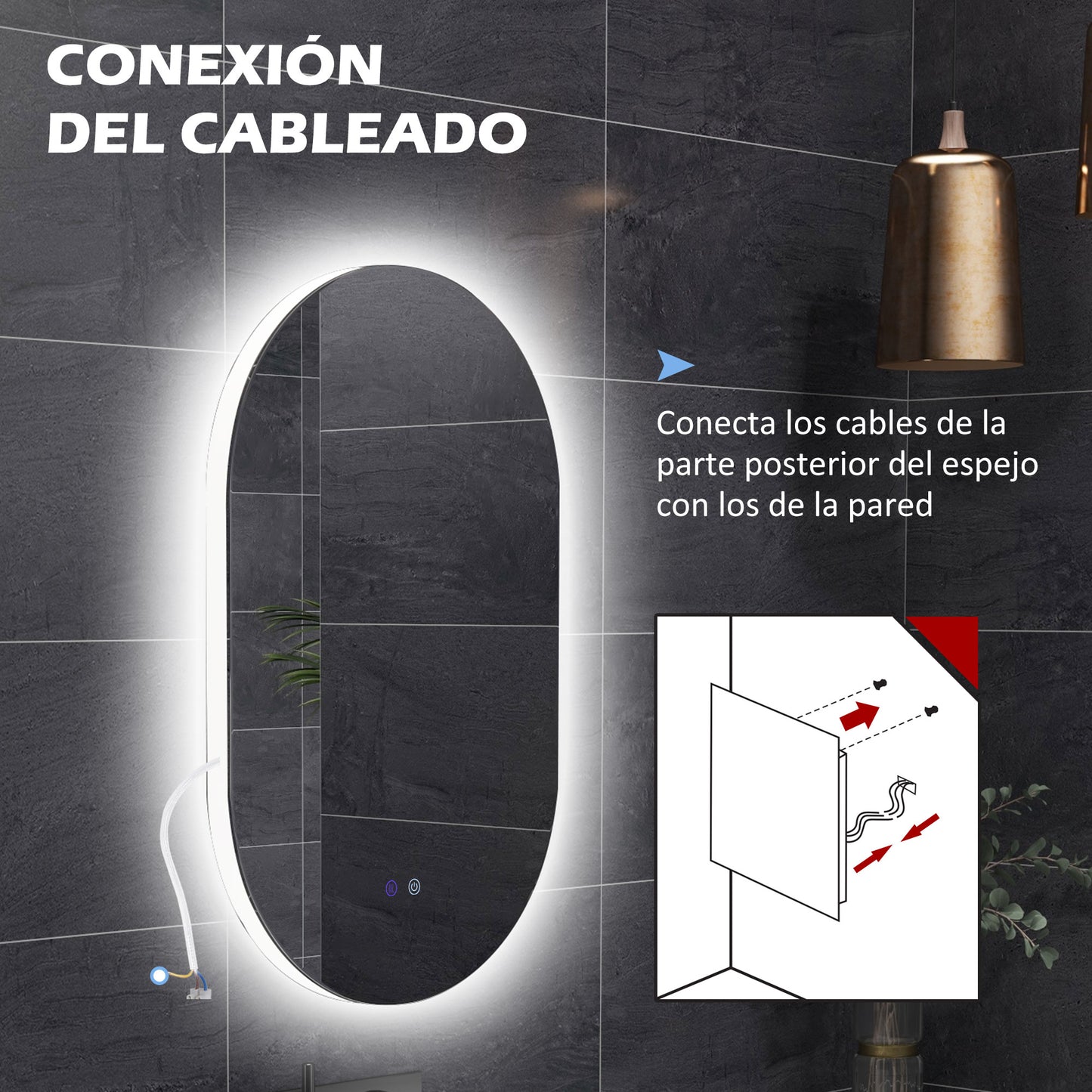 kleankin Espejo de Baño con Luces LED 81x51 cm Espejo de Pared con 3 Colores Ajustables Decoración Acrílica Función Antivaho Interruptor Táctil IP44 Horizontal o Vertical Plata