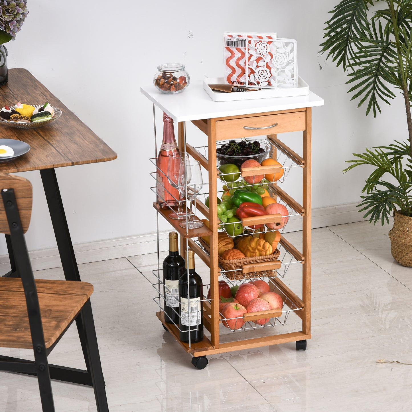 HOMCOM Carrito de Cocina con Ruedas Carro Multiusos con Cajón 4 Cestas Extraíbles de Metal y Bastidores Laterales 47x37x83 cm Madera Natural