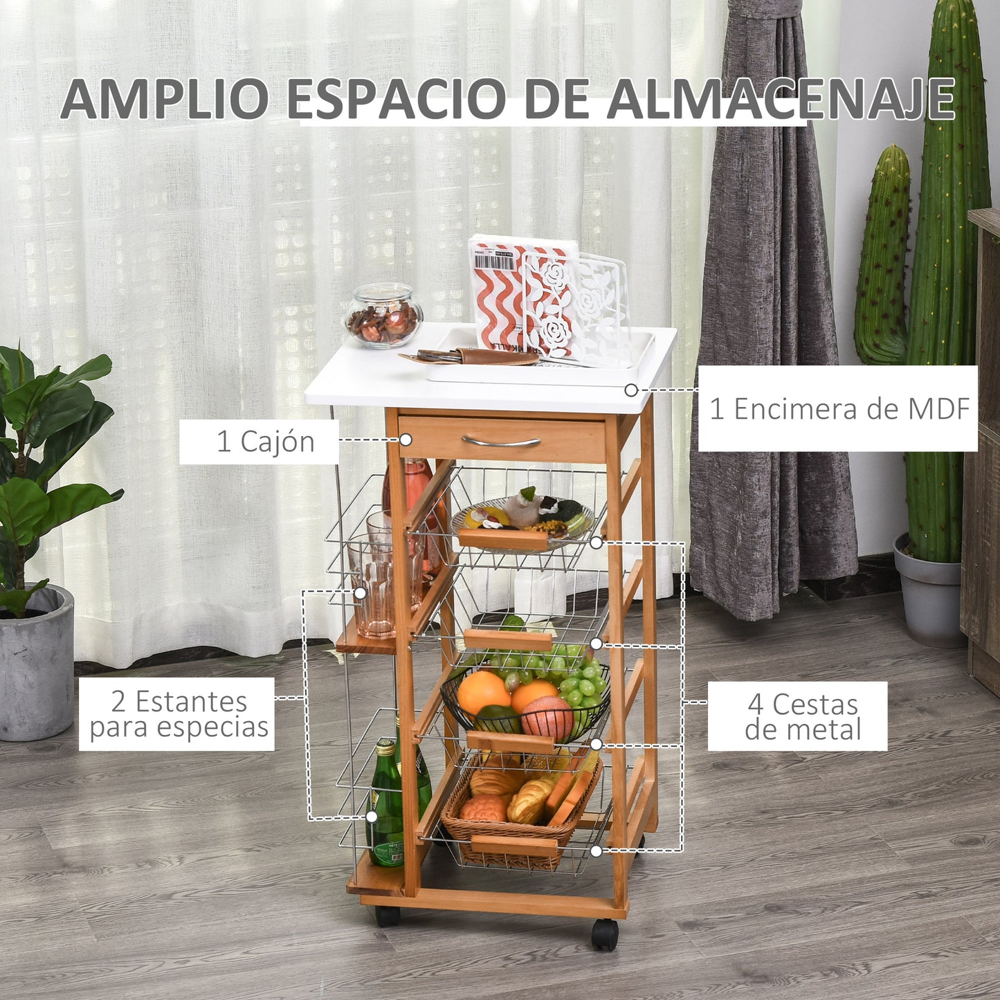 HOMCOM Carrito de Cocina con Ruedas Carro Multiusos con Cajón 4 Cestas Extraíbles de Metal y Bastidores Laterales 47x37x83 cm Madera Natural