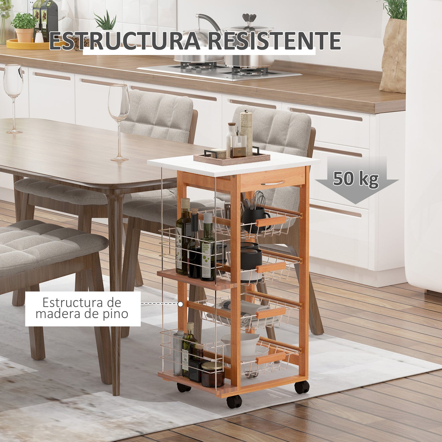 HOMCOM Carrito de Cocina con Ruedas Carro Multiusos con Cajón 4 Cestas Extraíbles de Metal y Bastidores Laterales 47x37x83 cm Madera Natural