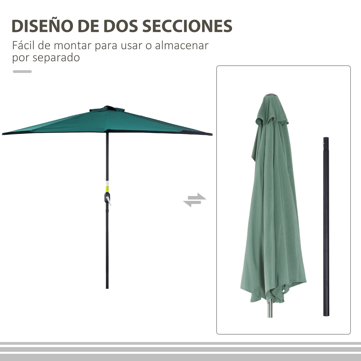 Outsunny Sombrilla 269x138x236 cm Parasol de Jardín con Manivela y Forma Semicircular para Exterior Terraza Patio Piscina Verde