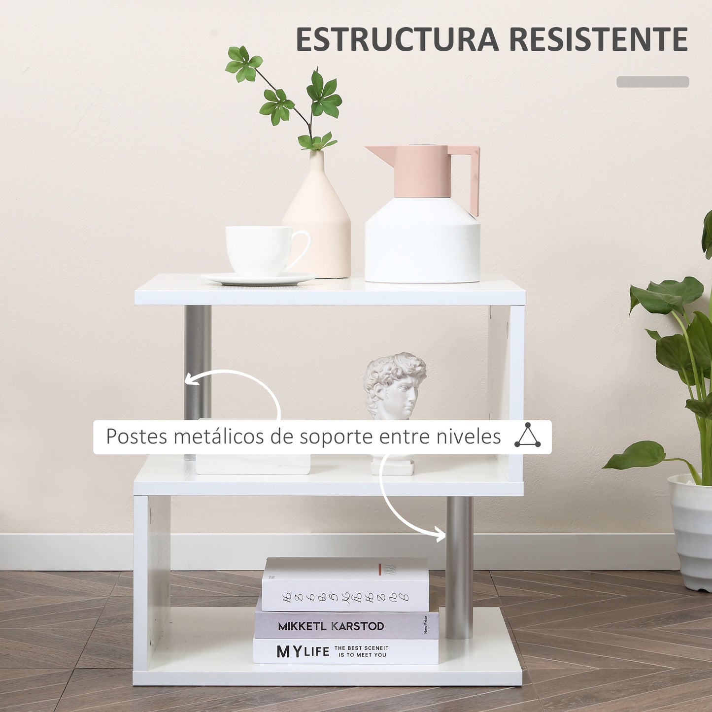 HOMCOM Mesita Auxiliar Mesa Auxiliar Pequeña Mesa para Sofá de Forma S con Compartimento Abierto Diseño Moderno 50x50x50 cm Blanco