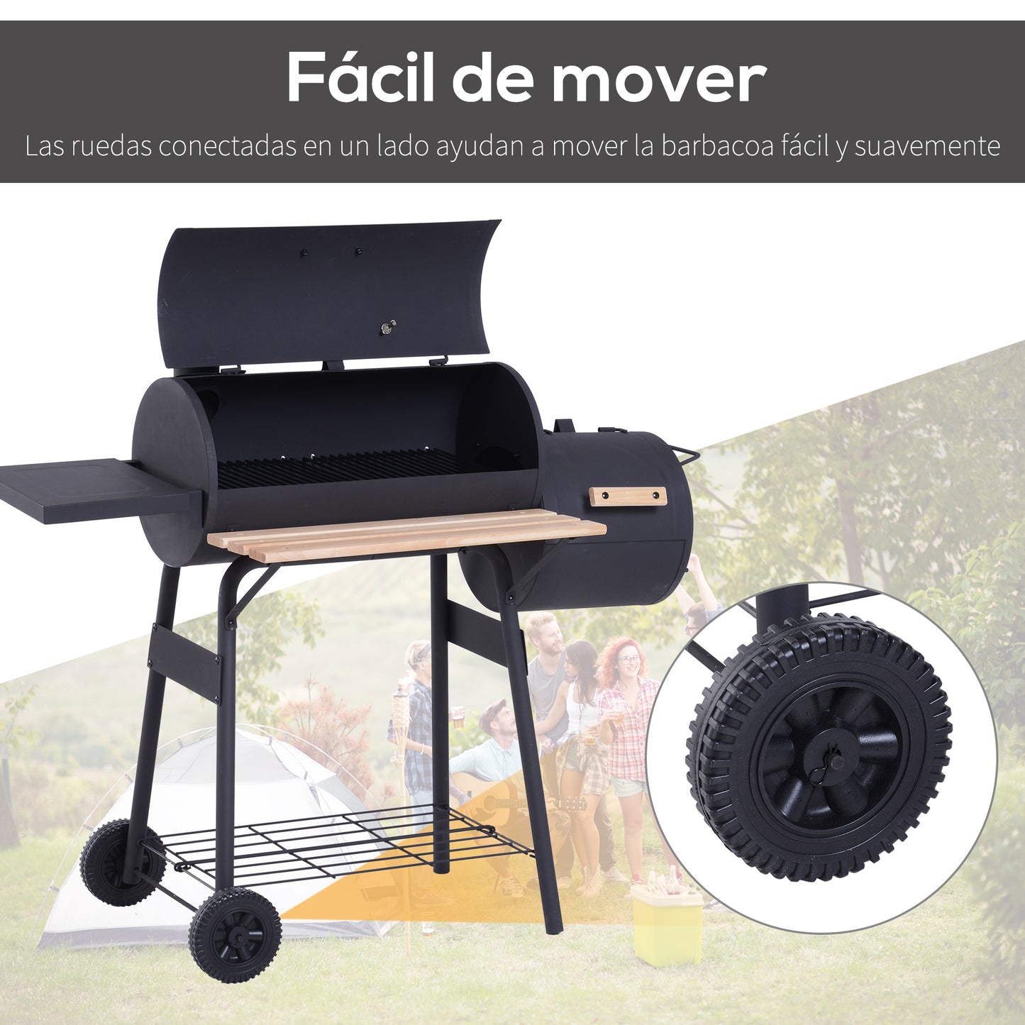 Outsunny Barbacoa de Carbón 3 en 1 Ahumador Parilla de Carbón Barbacoa de BBQ 124x53x104 cm con Termómetro y Ruedas Estantes de Madera Picnic Acampada al Aire Libre