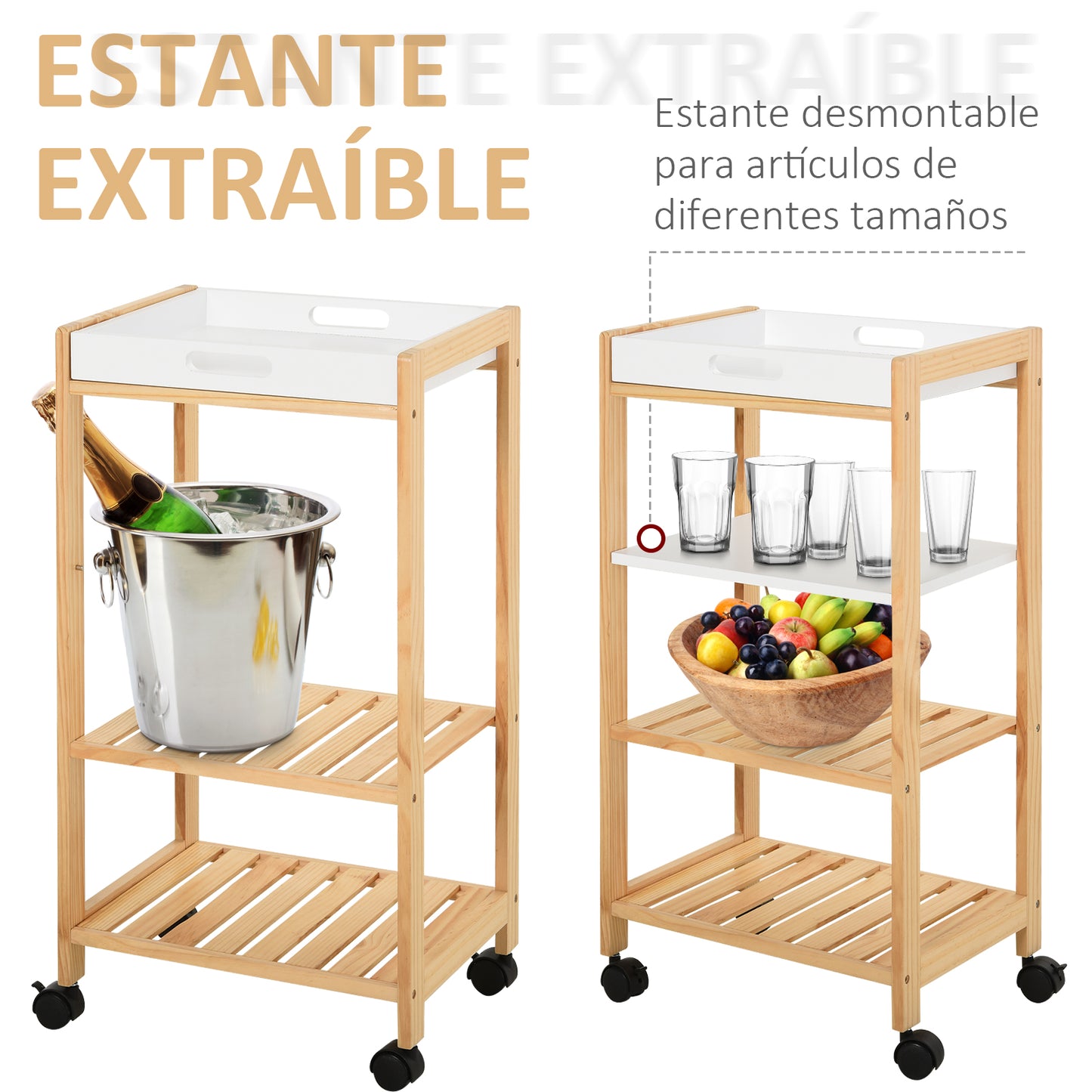 HOMCOM Carrito de Cocina Carrito de Servicio Doméstico de 4 Niveles con Una Bandeja Extraíble Estante Ruedas Universales 40x30x76 cm Blanco Madera