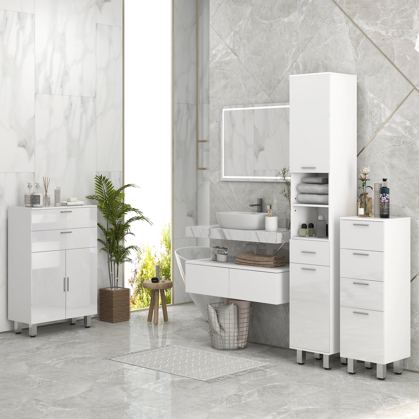 kleankin Mueble Auxiliar Baño Moderno Armario de Baño con 2 Cajones Armario y Estantes Ajustables Mueble de Almacenaje para Salón Dormitorio Antivuelco Carga 35 kg 60x30x93 cm Blanco Brillante