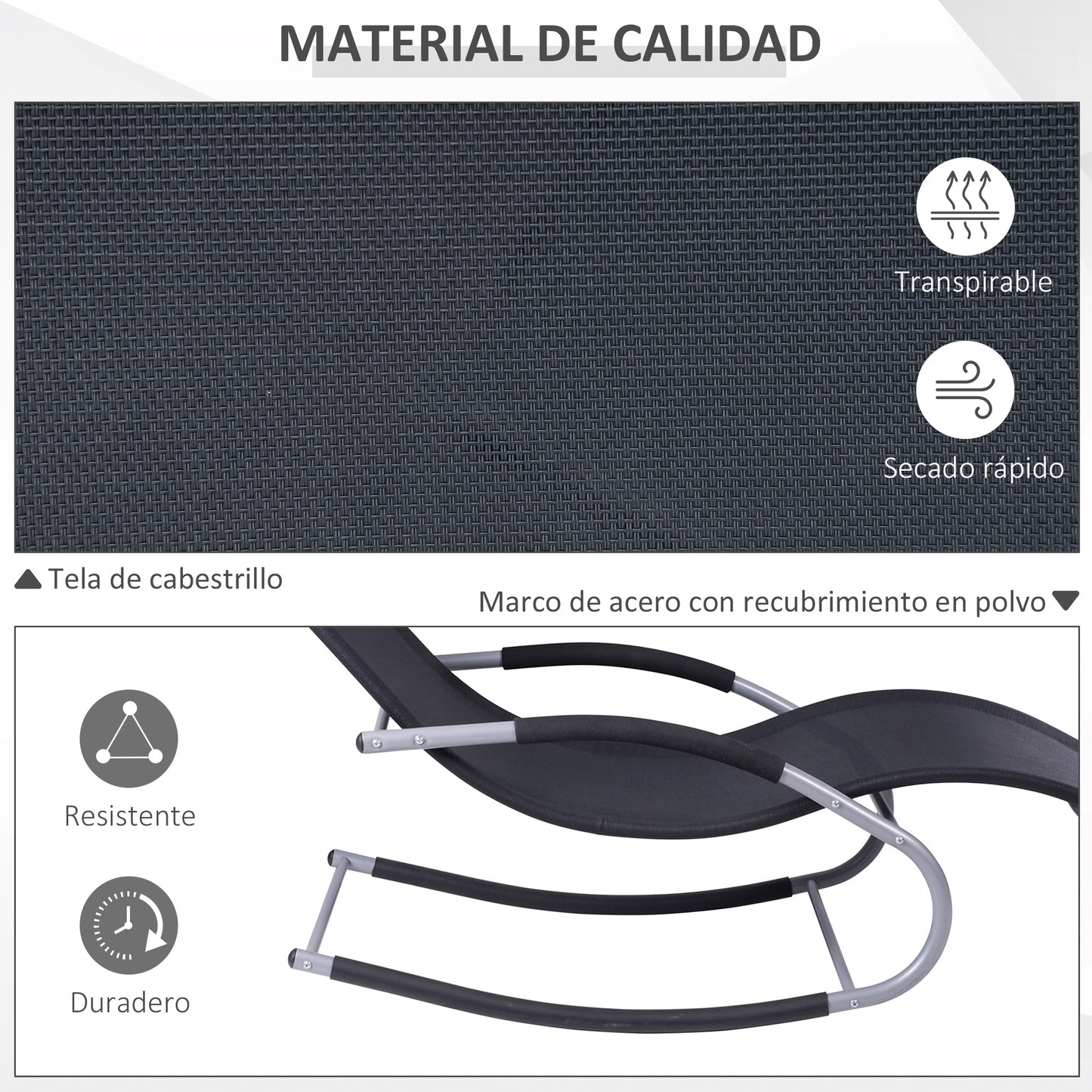 Outsunny Mecedora de Jardín Tumbona Mecedora con Reposacabezas Reposabrazos y Marco Metálico Carga 120 kg para Playa Patio Terraza 63x144x84 cm Negro