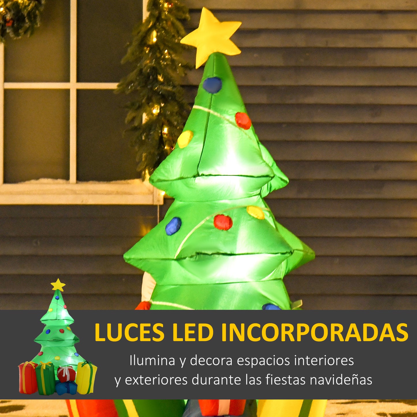 HOMCOM Árbol de Navidad Inflable 1.5m Árbol Decorativo Navideño con Adornos Regalos con luz LED Decoración Navidad con Hinchador 65x75x150 cm Verde