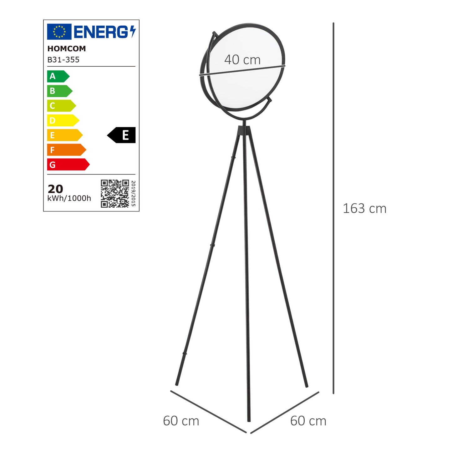 HOMCOM Lámpara de Pie Moderna Lámpara de Suelo con Luz LED de 20W Trípode de Metal Pantalla Giratoria e Interruptor de Pedal para Sala de Estar Estudio Dormitorio 60x60x163 cm Negro