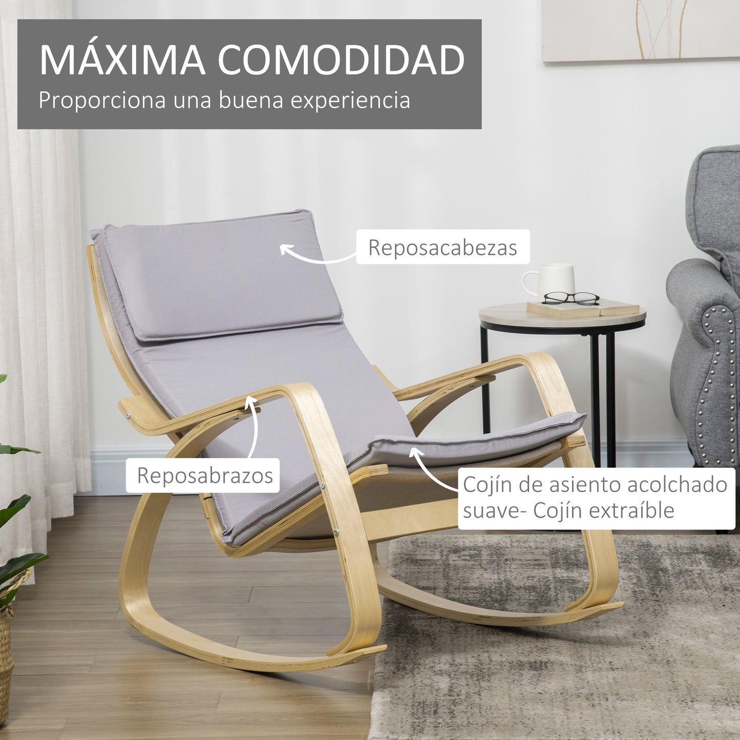 HOMCOM Silla Mecedora Tapizada en Tela Sillón Balancín Relax con Cojín Desenfundable Reposabrazos y Pies de Madera de Abedul para Salón Dormitorio 67x97x84 cm Gris