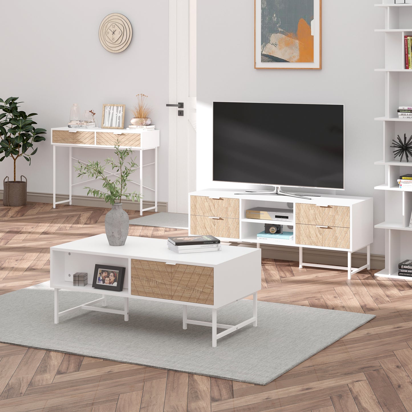 HOMCOM Mueble de TV para Televisores de hasta 47 Pulgadas Mesa para TV de Salón Moderna con 4 Cajones 2 Estantes Abiertos y Gestión de Cables 120x39x48 cm Roble y Blanco