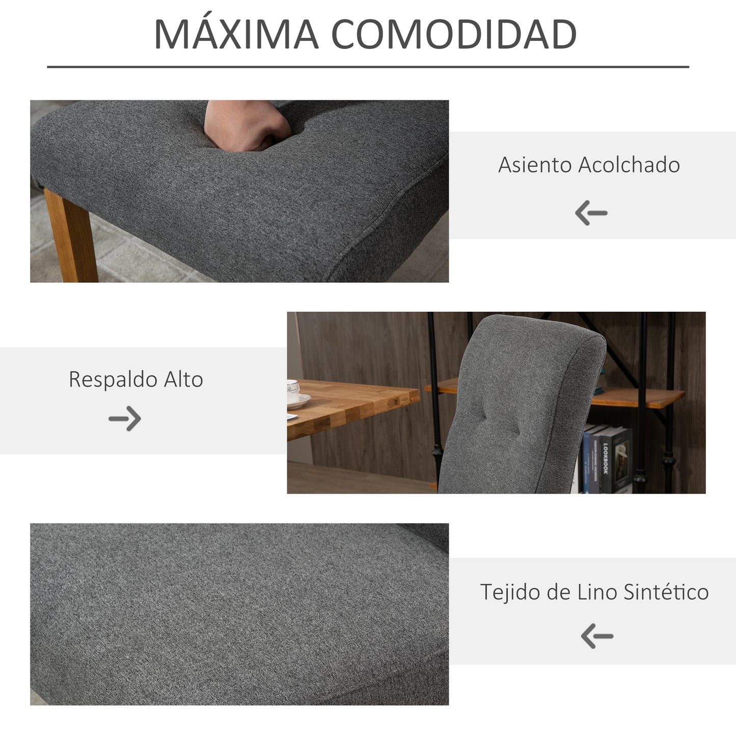 HOMCOM Conjunto de 2 Sillas de Comedor Sillas de Cocina con Respaldo Alto Asiento Acolchado de Tacto de Lino Carga 120 kg 50x62x96 cm Gris