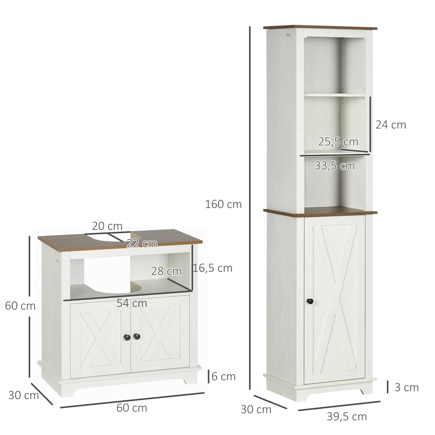 kleankin Conjunto de Baño Juego de Columna de Baño con Estante Ajustable y Mueble para Debajo del Lavabo con 2 Puertas Antivuelco 39,5x30x160 cm 60x30x60 cm Blanco