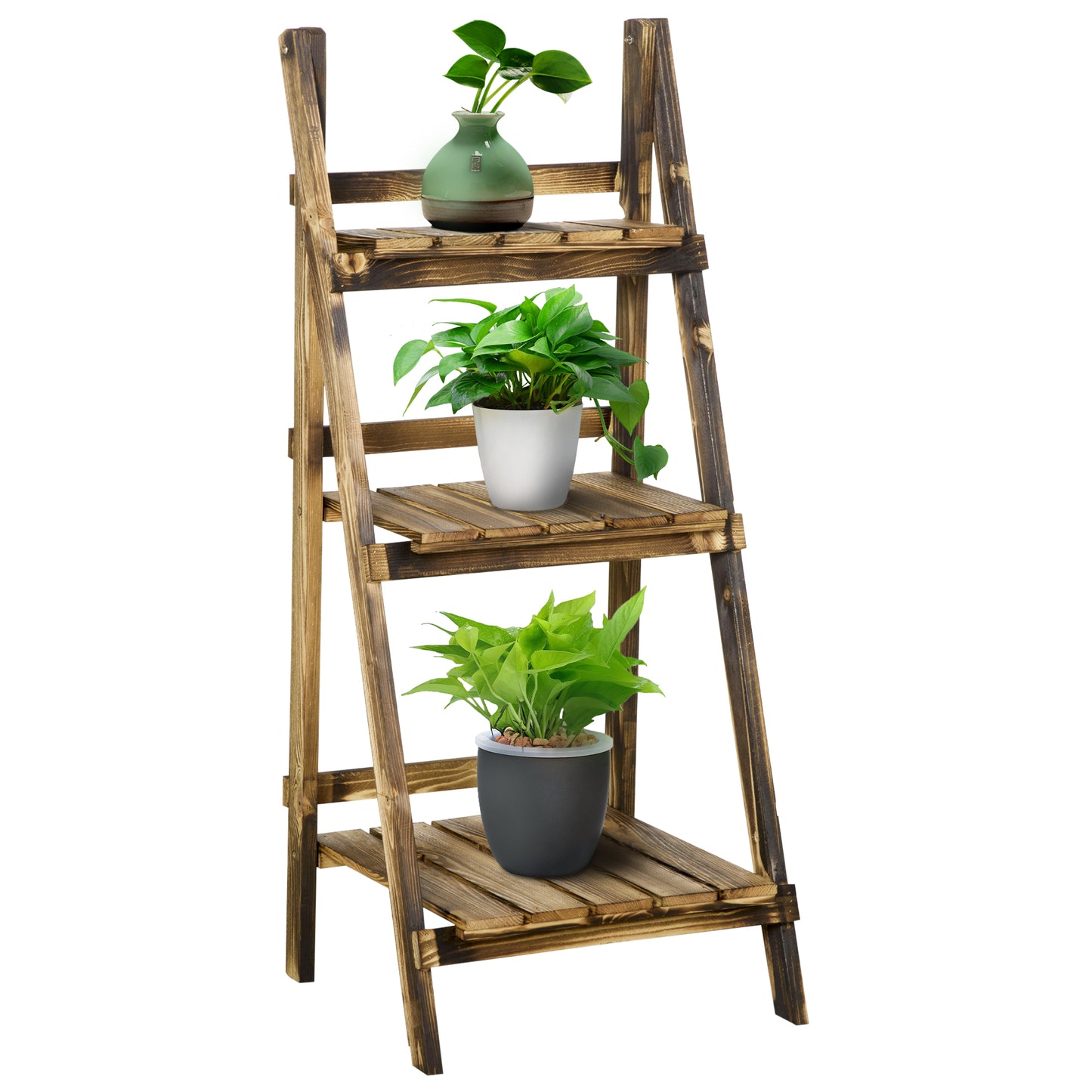 Outsunny Soporte para Plantas de Madera de 3 Niveles Estantería para Plantas Plegable Soporte para Macetas para Interior y Exterior Terreza Jardín Balcón 40x37x93 cm Natural